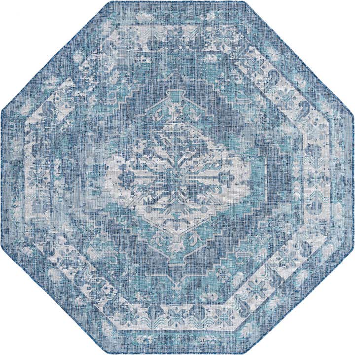 Blue 7' 10 x 7' 10 Traditional Indoor / Outdoor Octagon Rug | Rugs.com