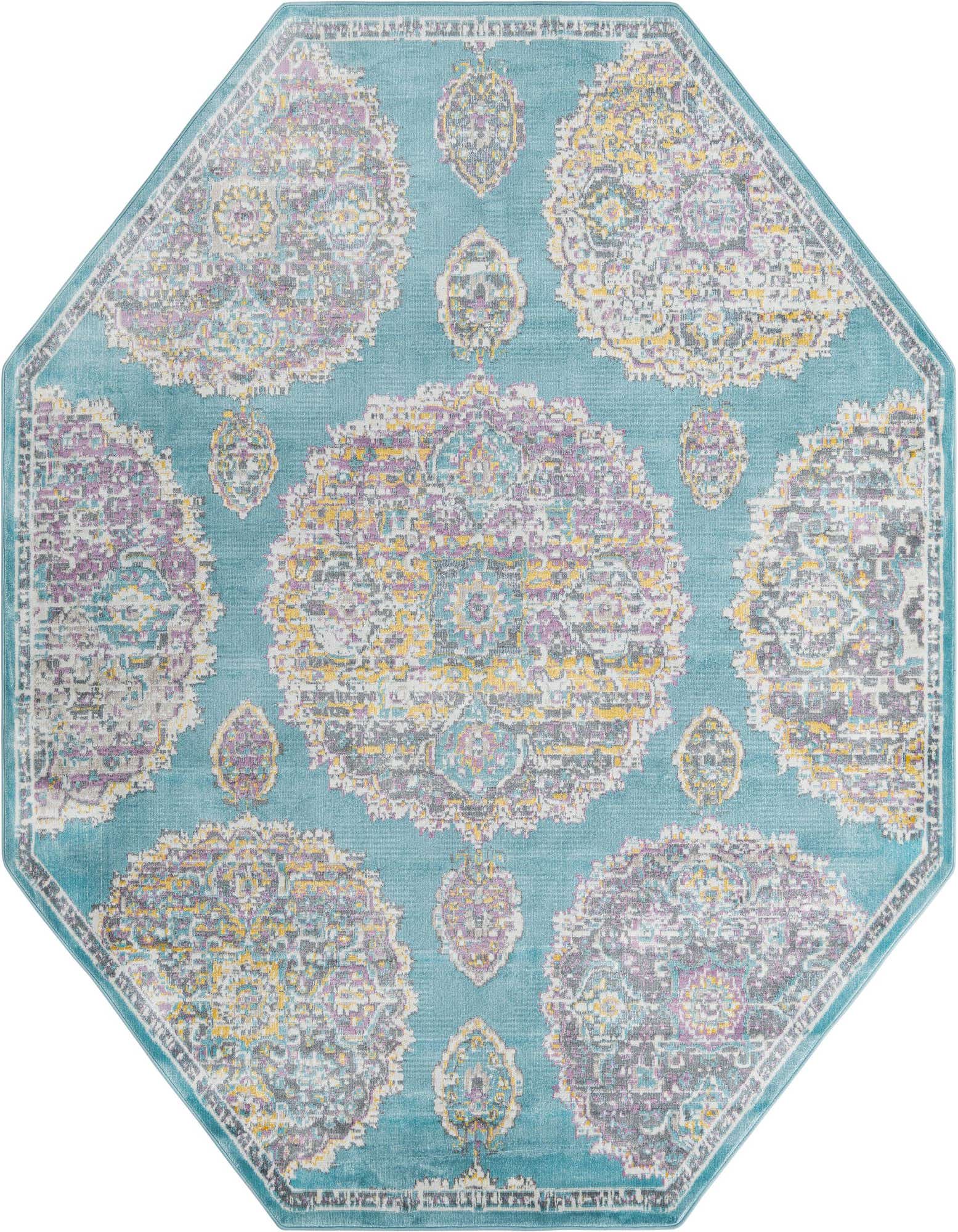 An 8' 2 x 8' 2 octagon blue area rug with a bohemian floral pattern in purple, yellow, and grey.