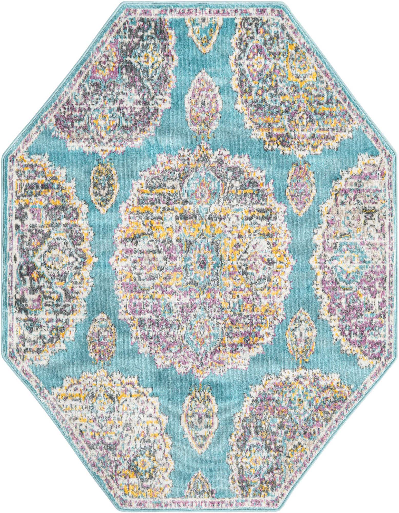 A 4'x4' octagon blue Bohemian rug with a distressed floral pattern in purple, yellow, and white.