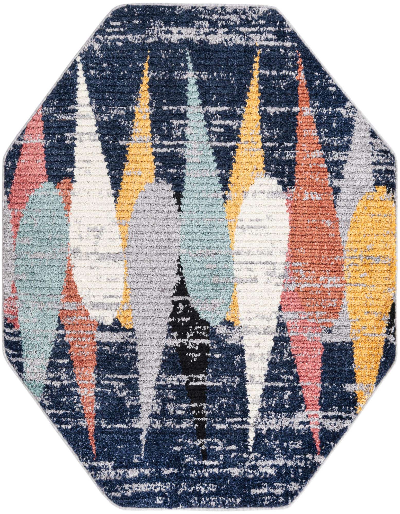 Octagon rug with a modern abstract stripe pattern in shades of blue, grey, yellow, pink, and teal.
