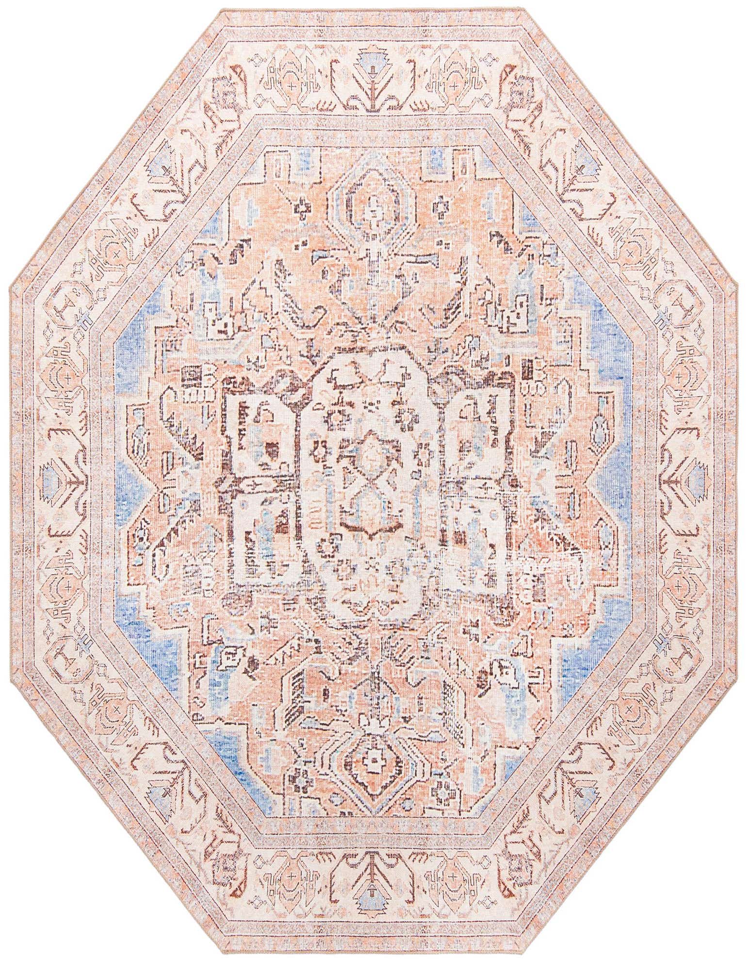 Octagon-shaped rug with a vintage-inspired medallion pattern in muted blues, peach, and cream, featuring a subtle border.