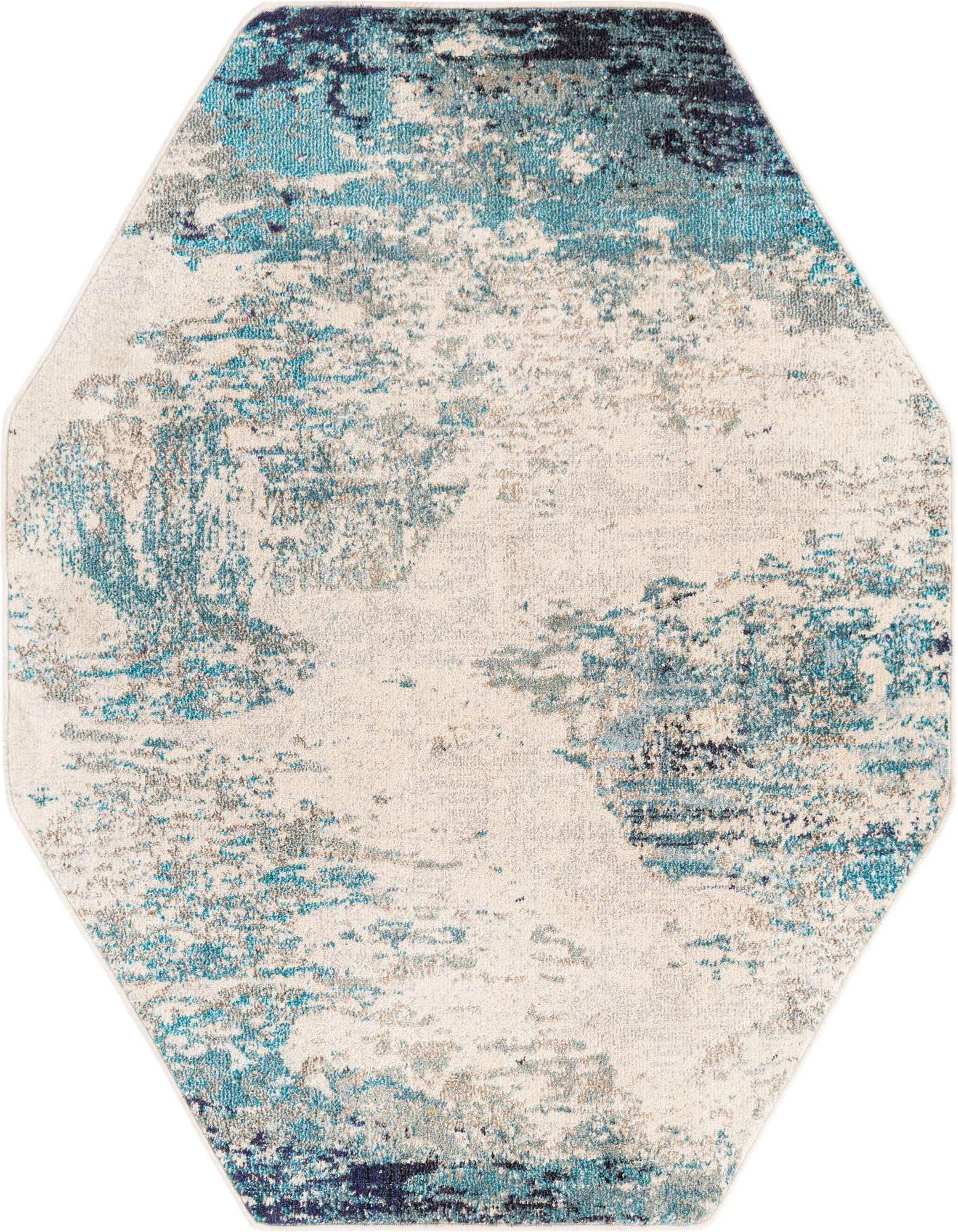 Octagon-shaped rug with an abstract, coastal-inspired pattern in various shades of blue and cream, suitable for modern indoor spaces.