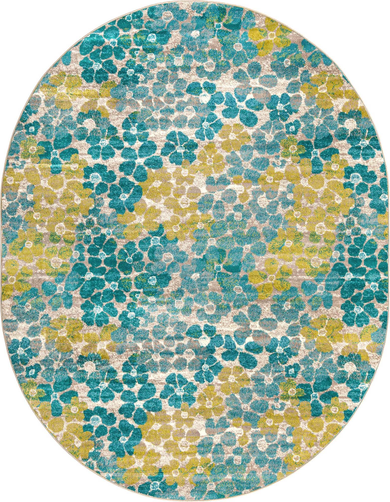 An oval Azalea rug from Rugs.com, featuring a modern botanical pattern of teal, blue, and yellow flowers on a light background.