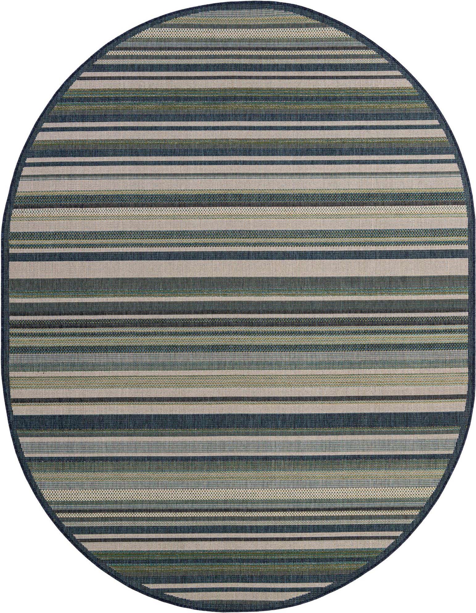 An oval Baja Outdoor rug featuring horizontal stripes in varying shades of blue, green, and beige, perfect for a patio.