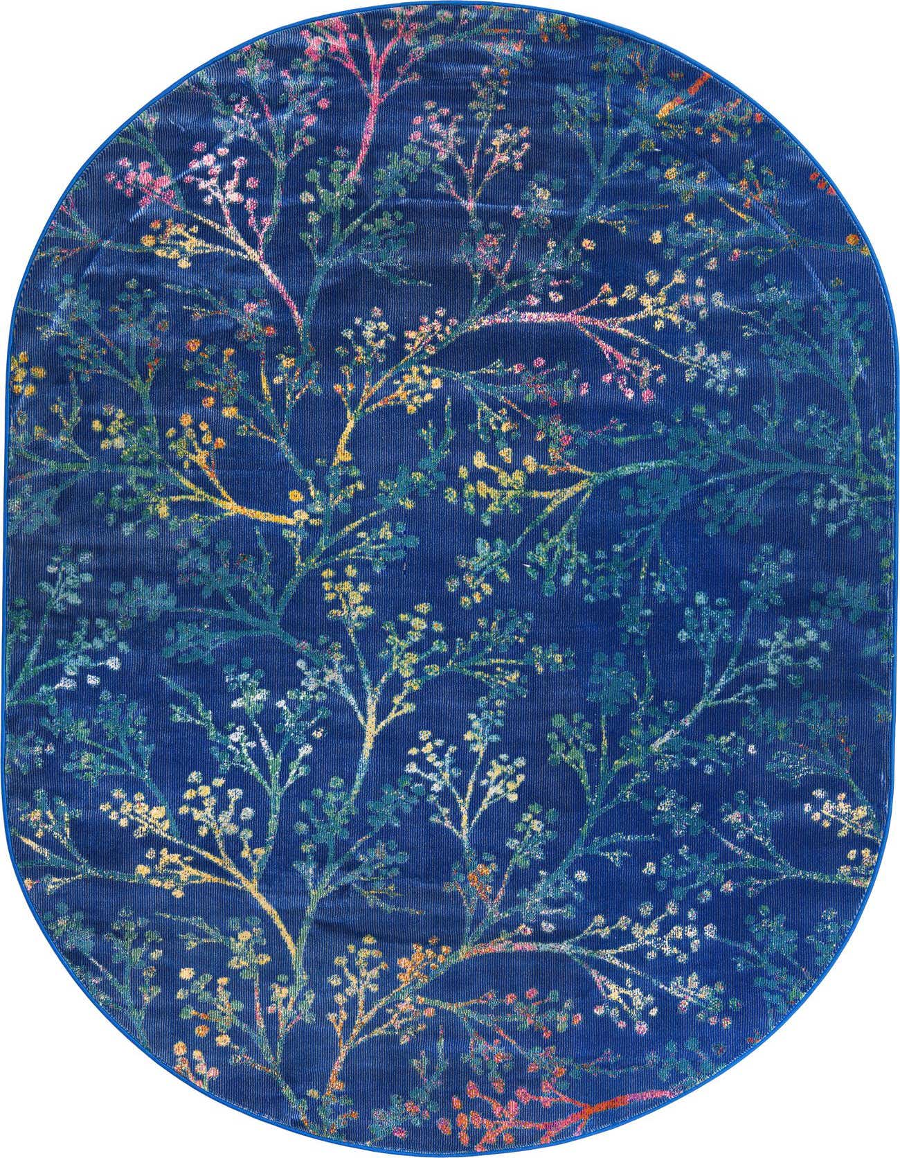 An oval blue rug with a vibrant botanical pattern featuring thin branches and small leaves in shades of pink, yellow, and green.