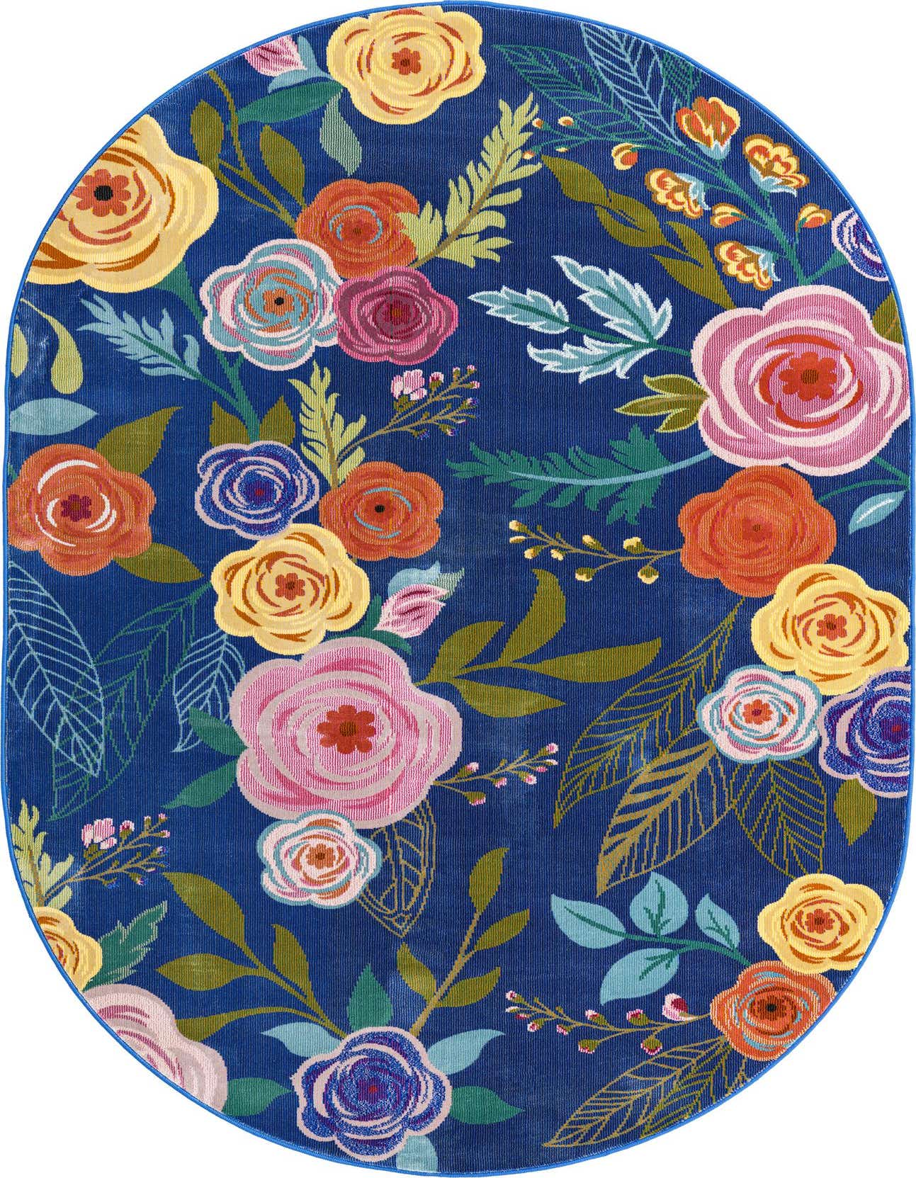 An oval 5'3" x 7'10" blue rug with a vibrant floral pattern featuring pink, yellow, orange, and blue flowers with green leaves.