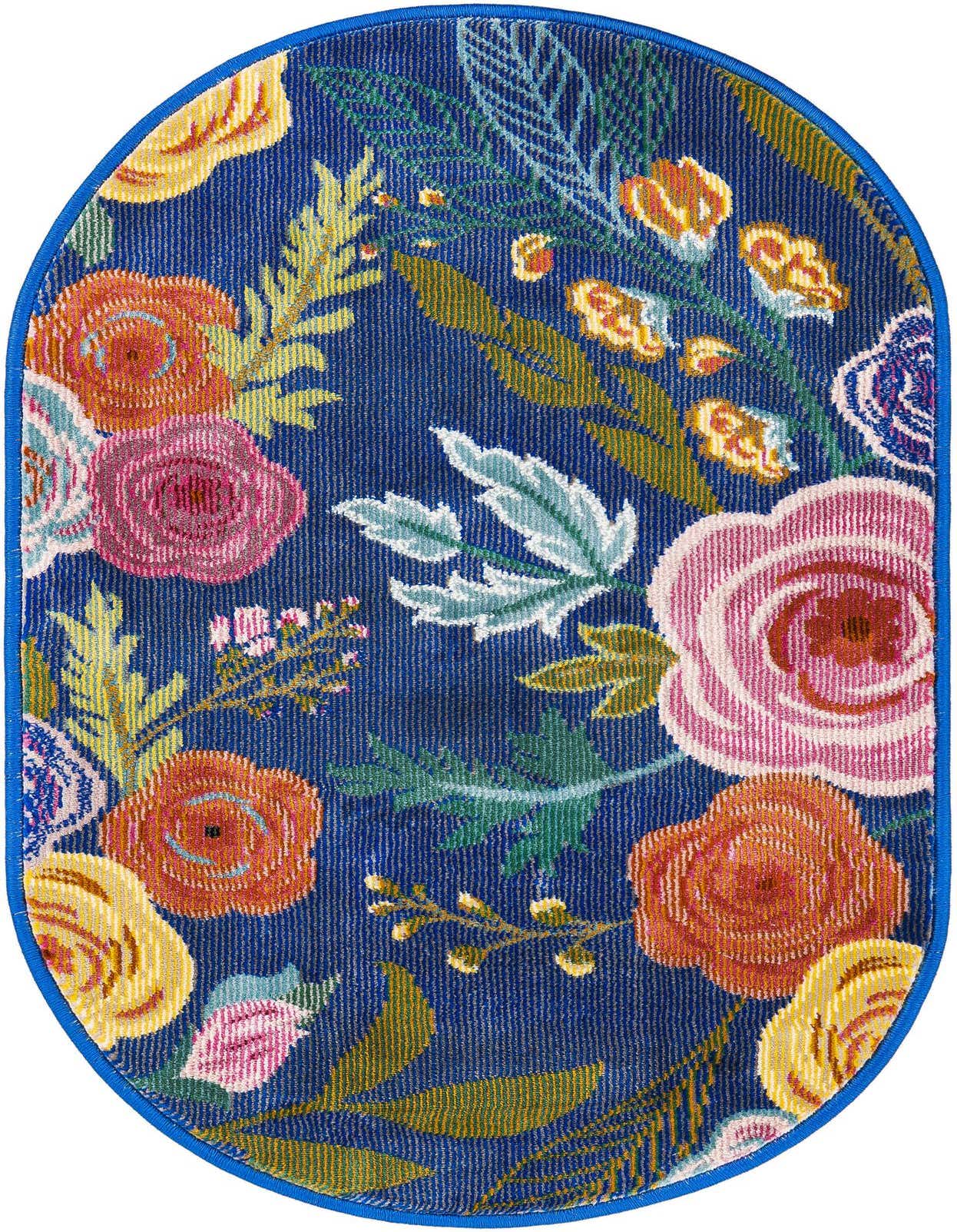 An oval blue area rug with a vibrant modern floral pattern featuring pink, orange, and yellow flowers with green leaves.