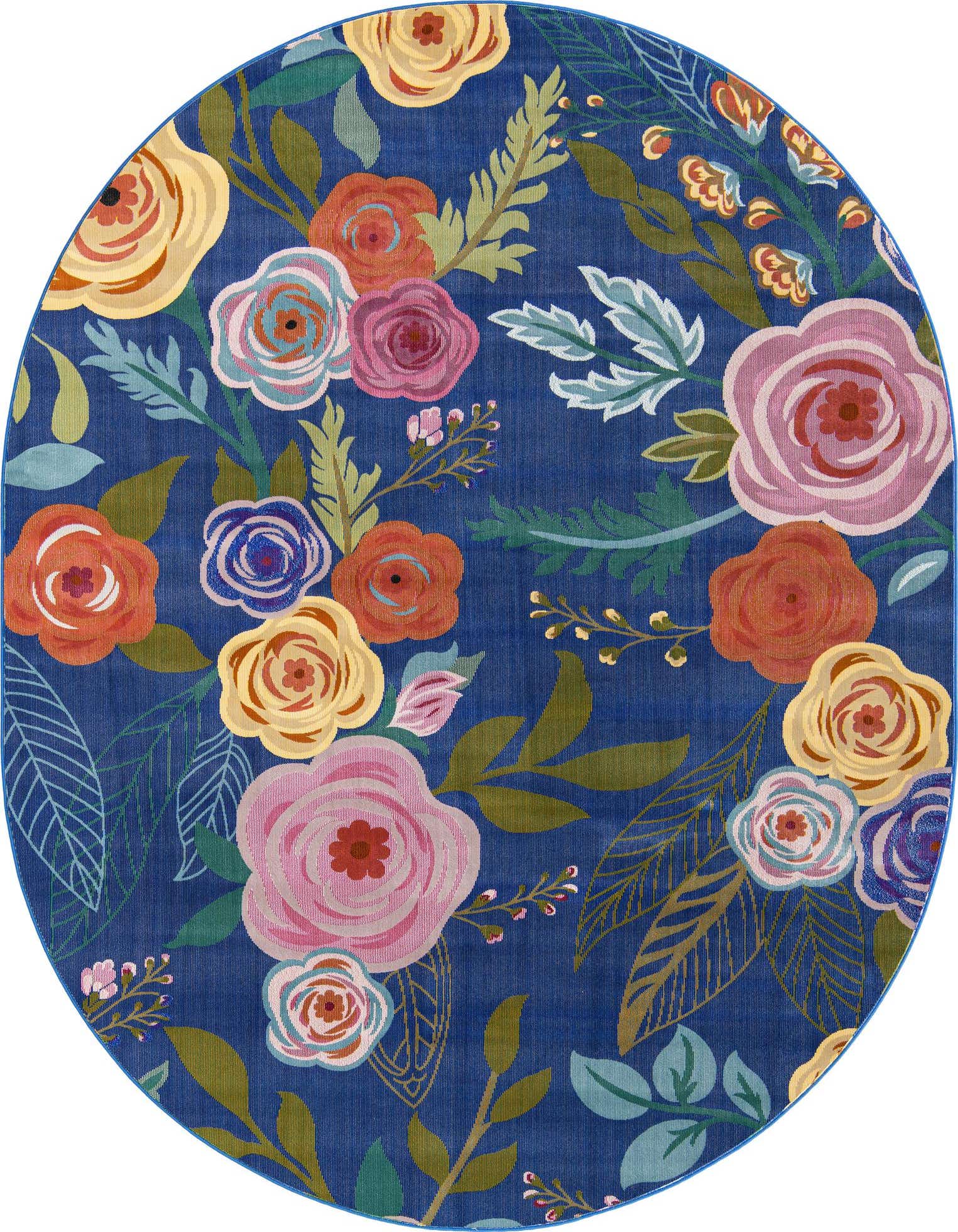 An oval blue rug with a vibrant modern floral pattern featuring pink, yellow, orange, and blue flowers with green leaves.