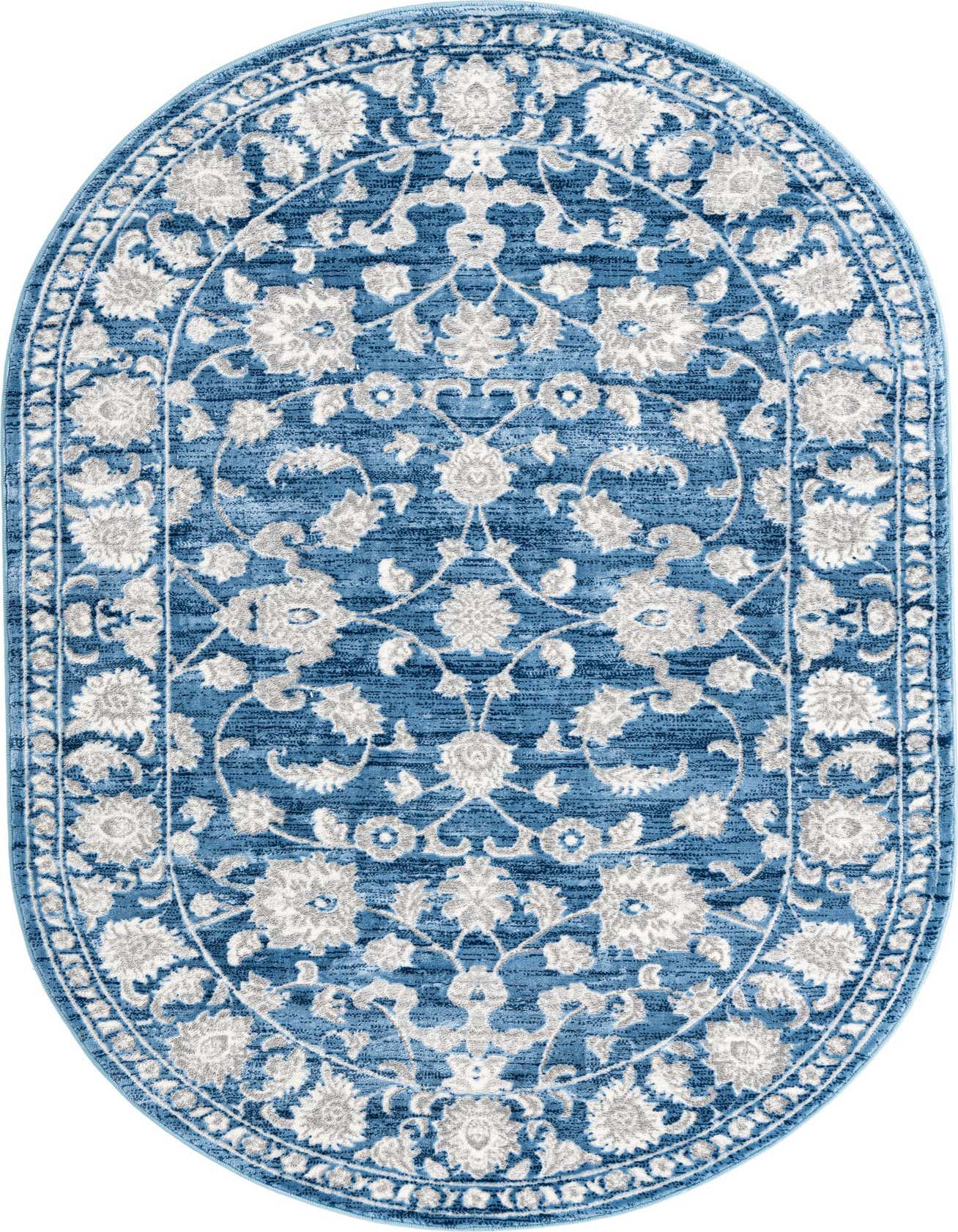 A 5'3" x 8'0" oval blue area rug with a traditional botanical floral pattern in light gray and white, featuring a textured pile.