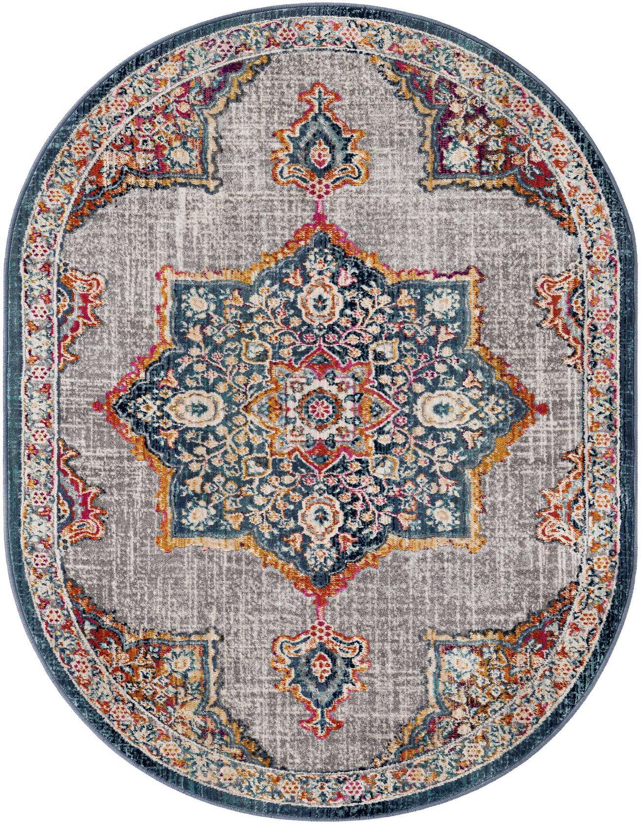An oval 3' 7 x 5' 3 blue and gray area rug with a distressed traditional medallion pattern and a dark blue border.