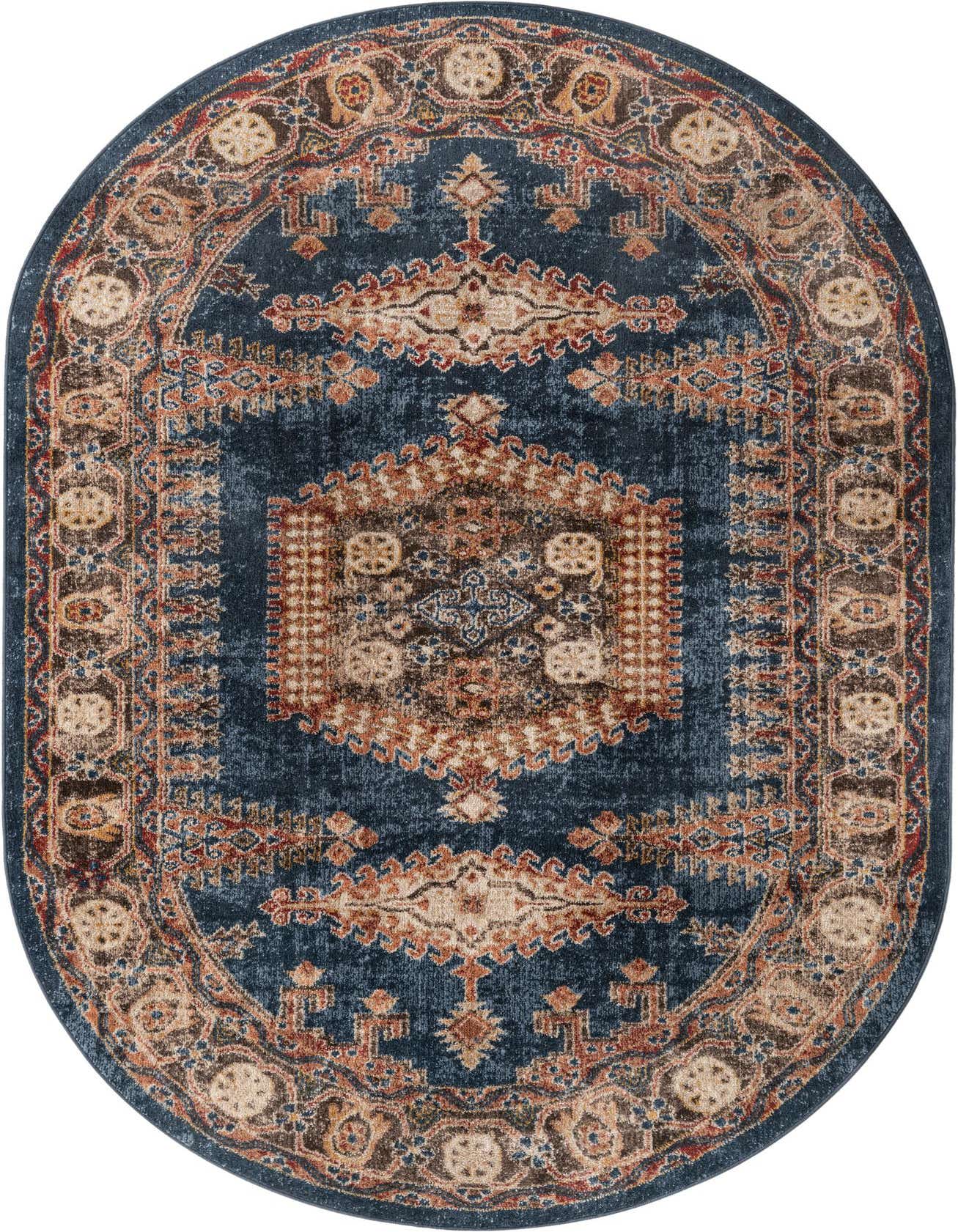 An oval 5' 3 x 8' 0 blue rug with a distressed traditional medallion pattern in shades of brown, rust, and beige.