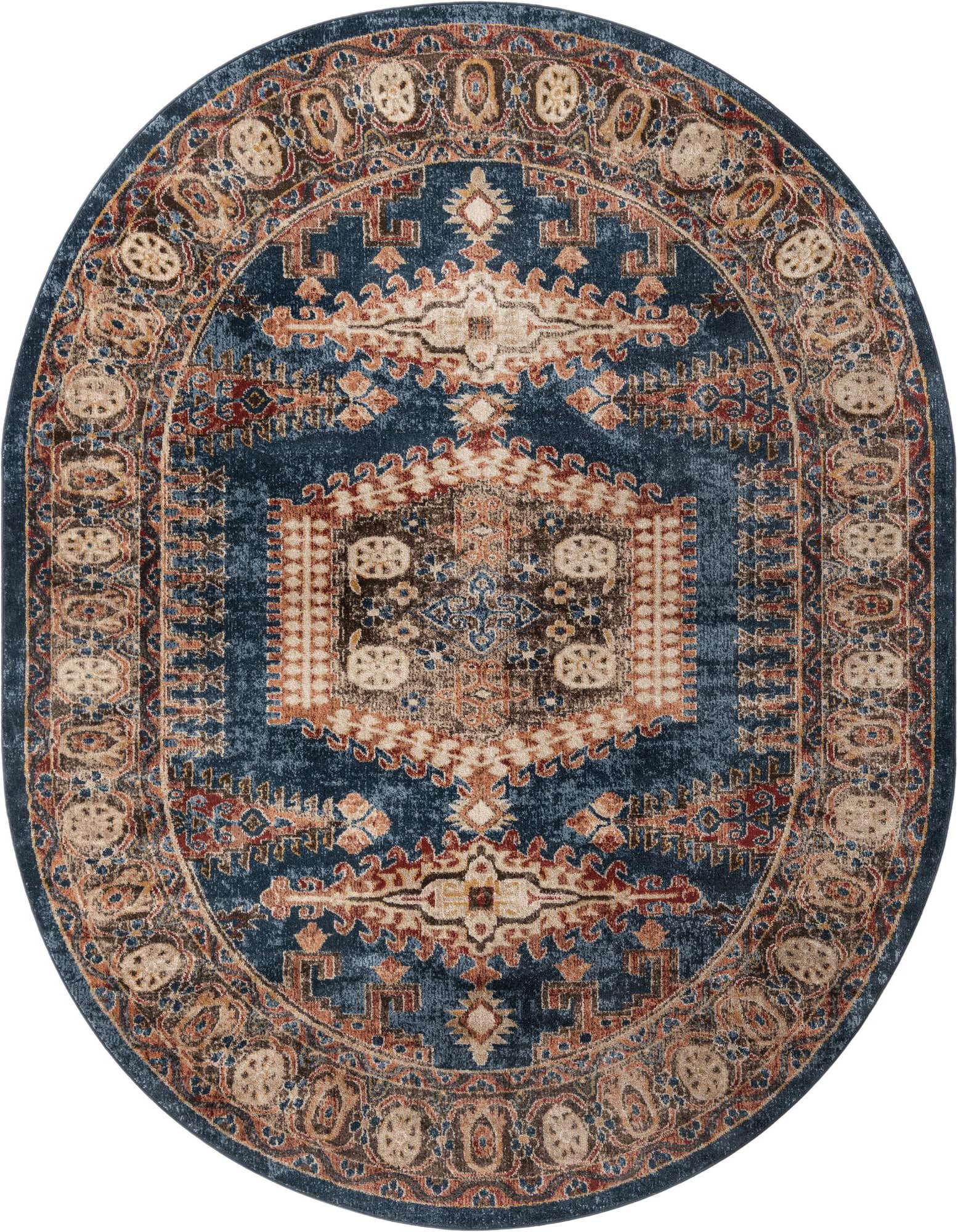 An oval blue area rug with a distressed traditional medallion pattern in shades of brown, beige, and rust.