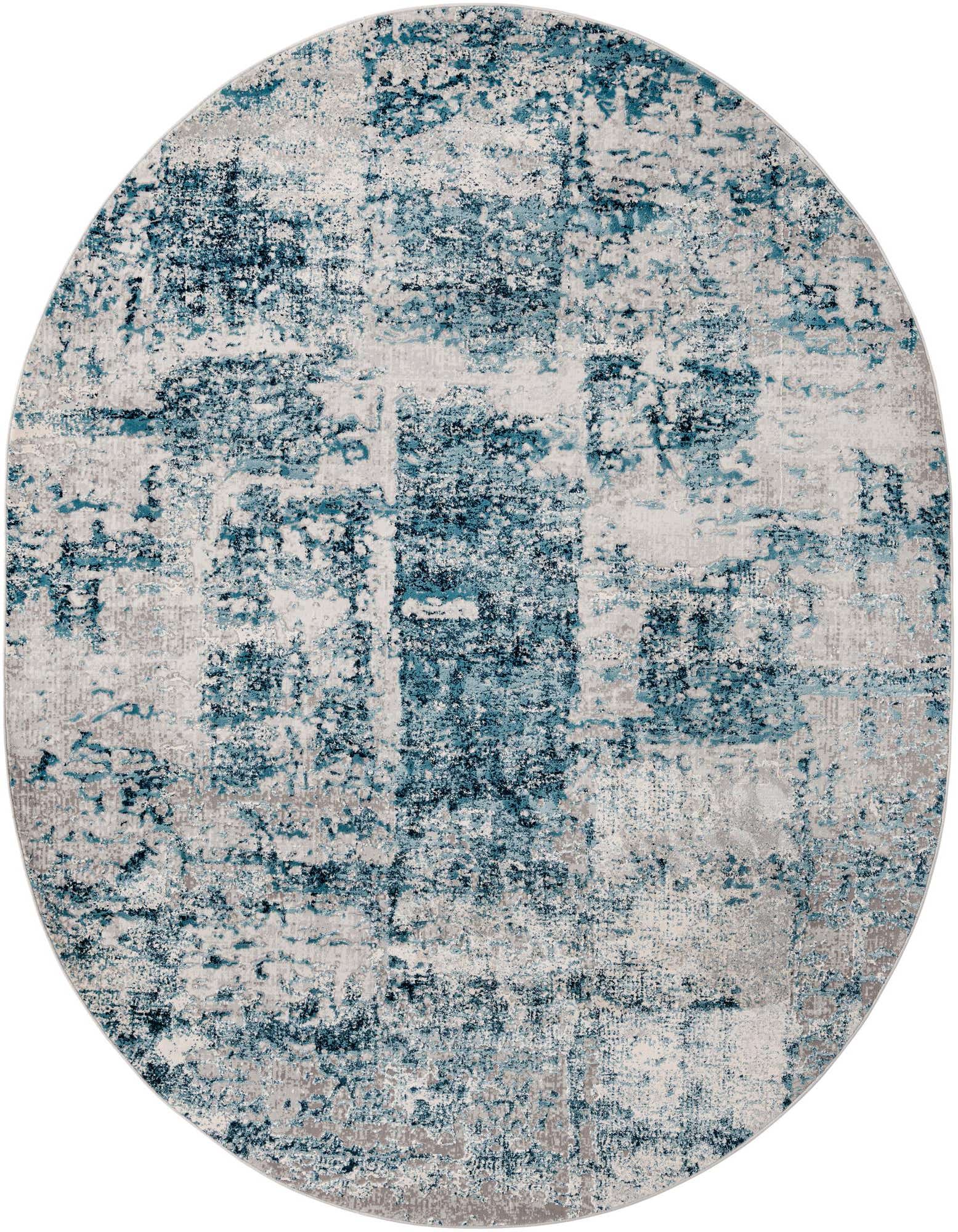 An oval 7'10" x 10'0" blue and grey modern abstract rug with a distressed, vintage-inspired pattern.