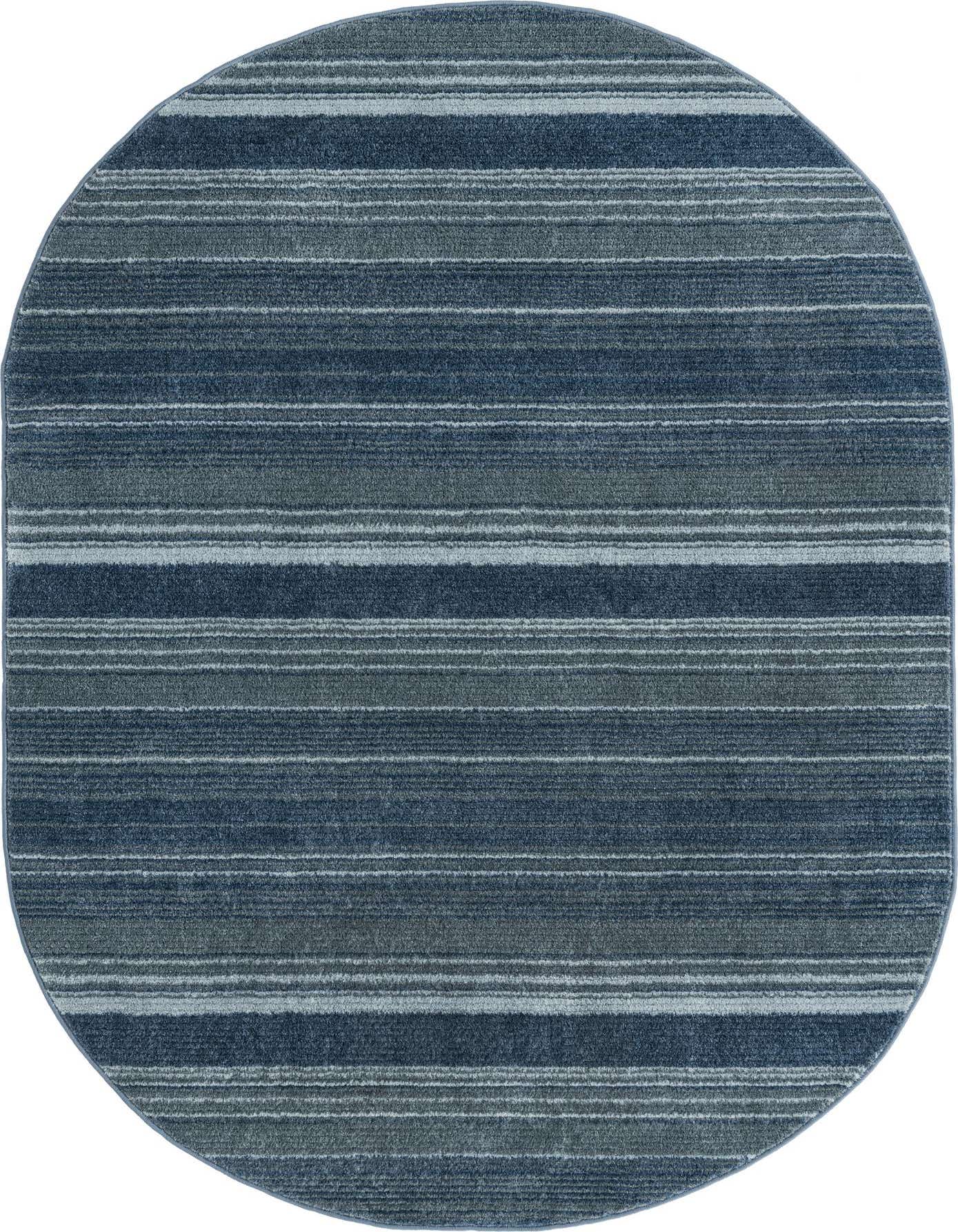 An oval blue rug with varying shades of blue and gray horizontal stripes, featuring a textured pile.