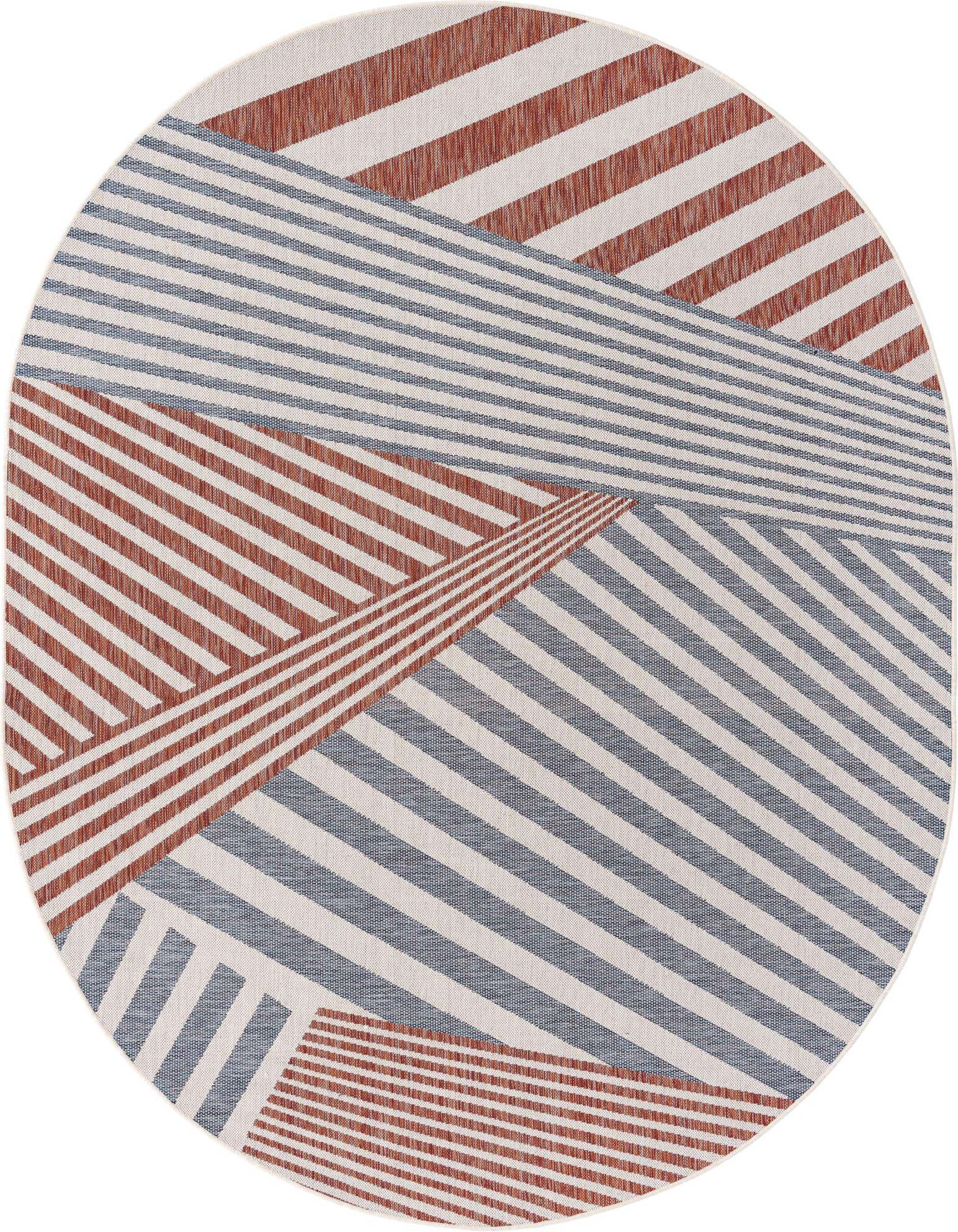 An oval Rugs.com Jill Zarin Outdoor rug featuring a modern eclectic stripe pattern in shades of blue and terracotta.