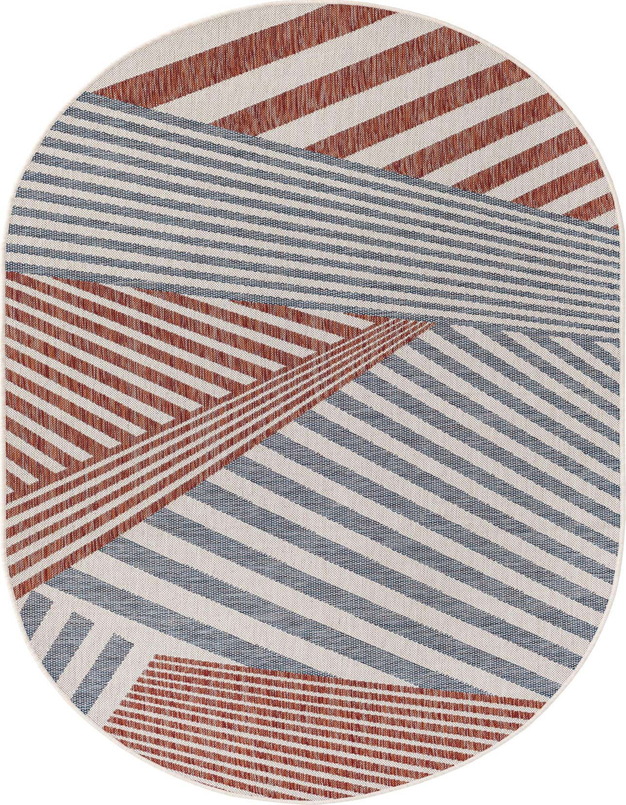 An oval Jill Zarin Outdoor rug featuring a modern eclectic stripe pattern in shades of blue and terracotta on a cream background.