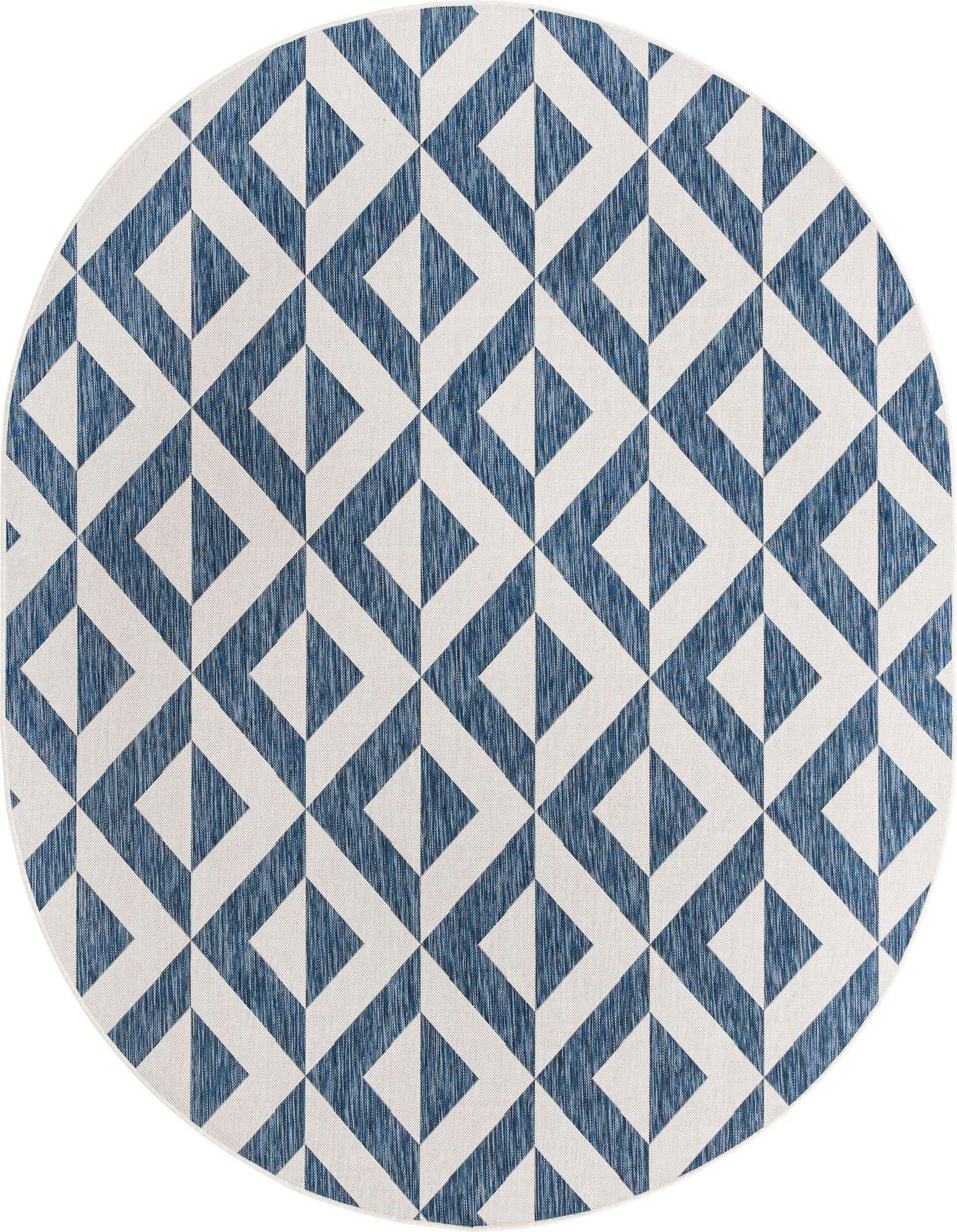A 7'10" x 10'0" oval blue and white geometric trellis rug, suitable for indoor or outdoor spaces.