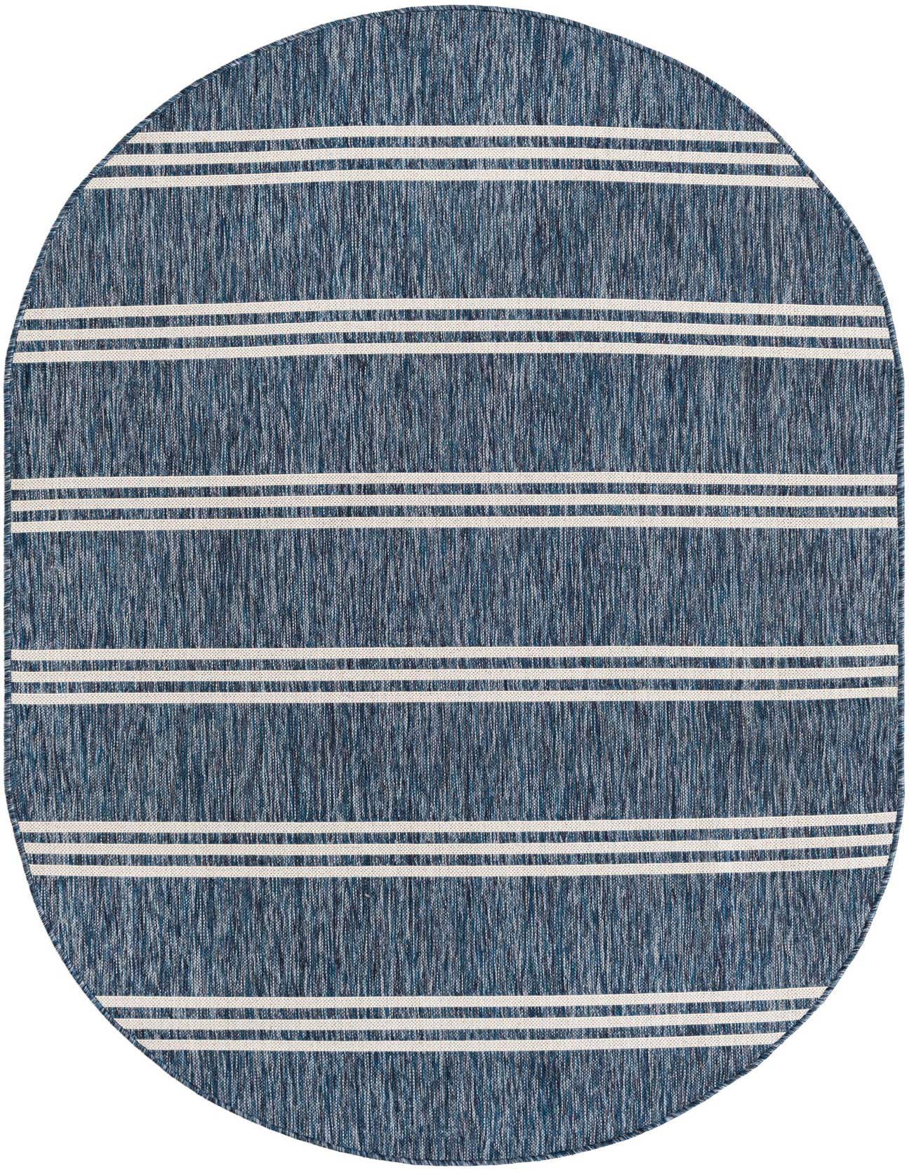 A 5'3" x 8'0" oval blue and white striped outdoor rug with a flatweave texture.