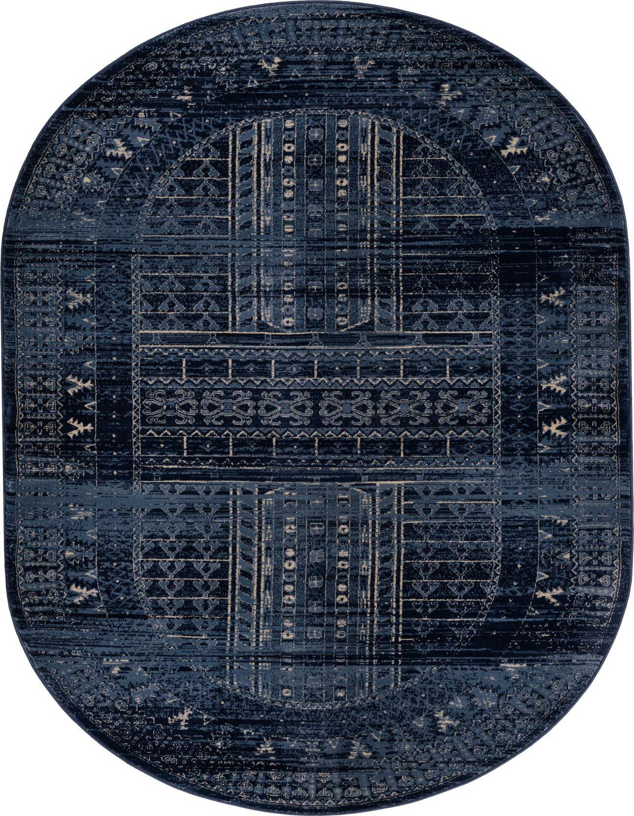 A 5' x 8' oval blue area rug with a distressed Southwestern medallion pattern, suitable for various indoor spaces.