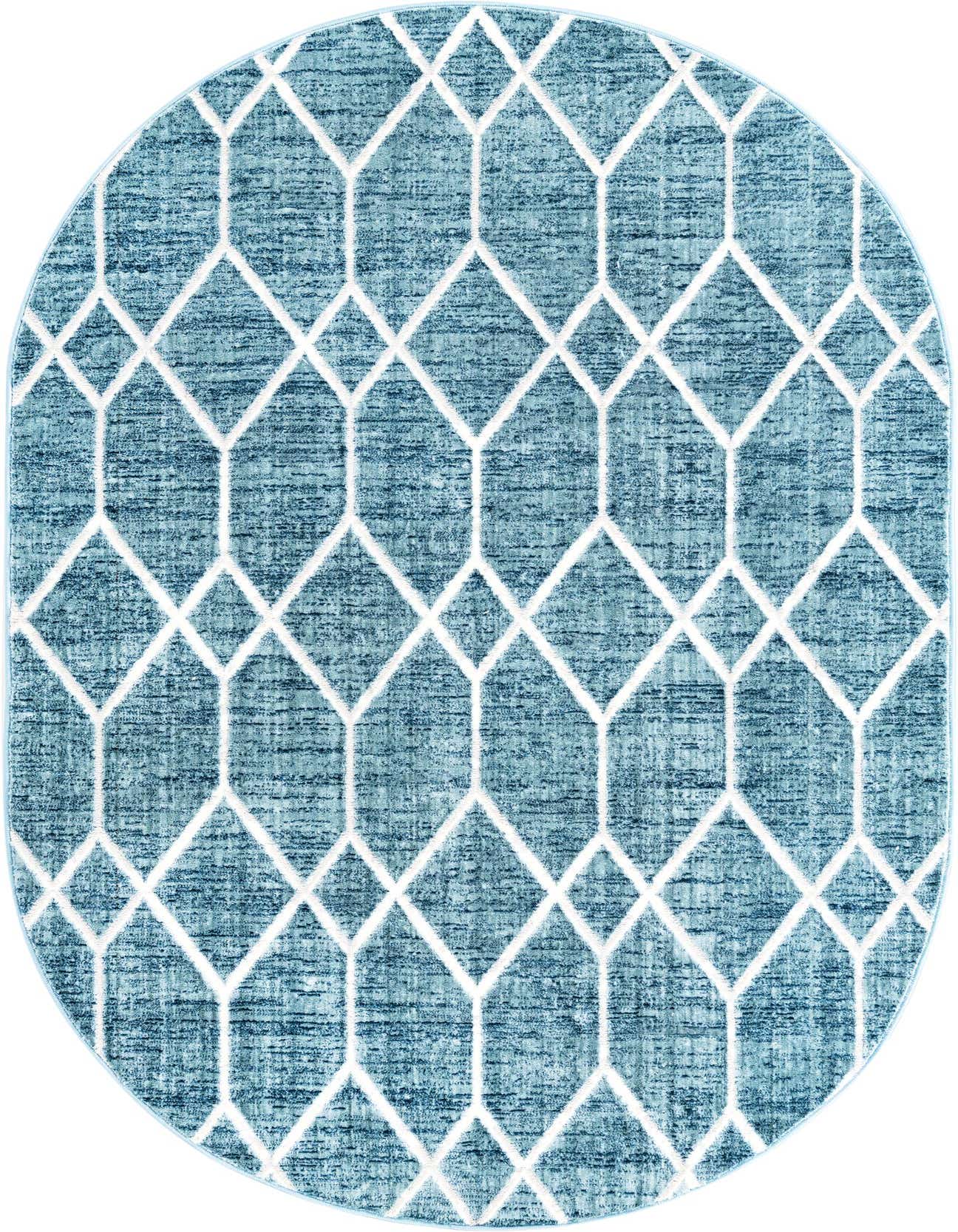 A 5'3" x 8'0" oval blue area rug with a white geometric lattice trellis pattern, featuring a textured pile.
