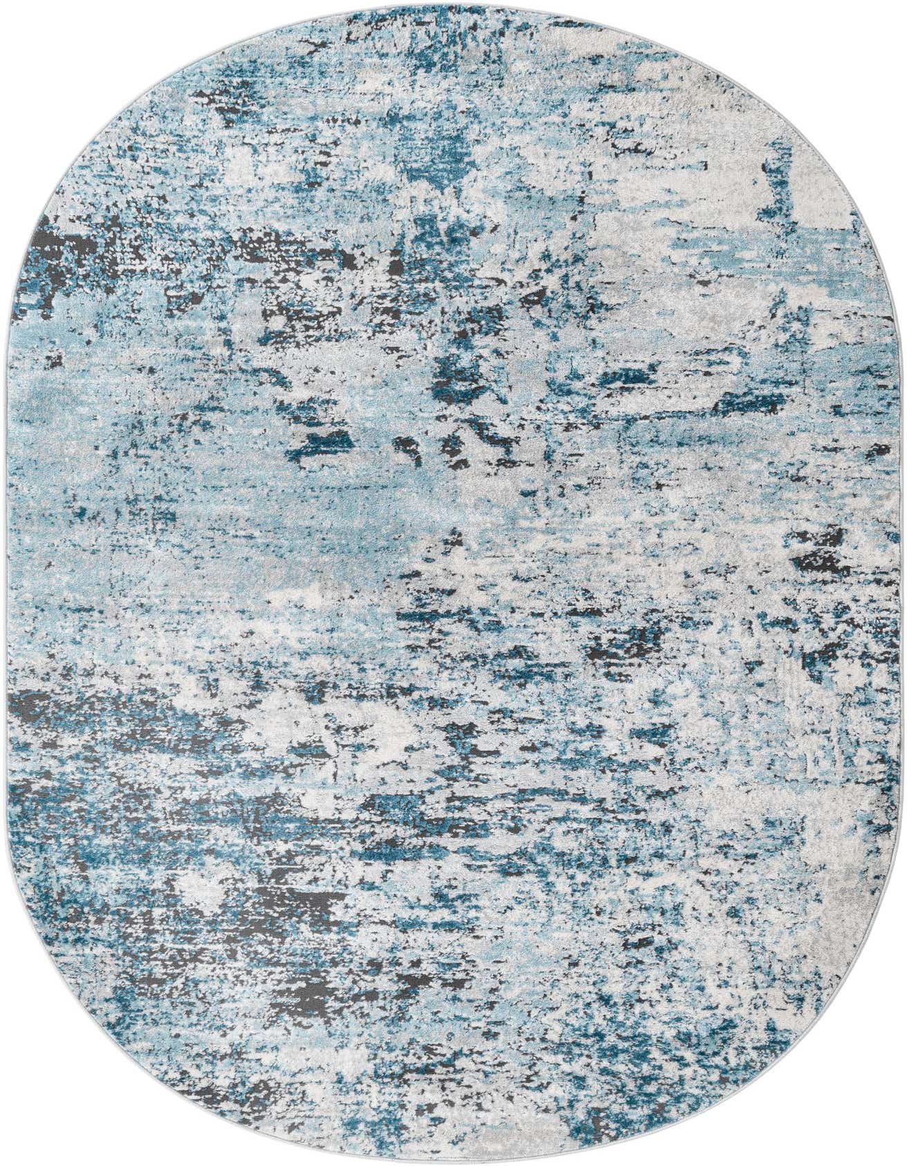 An oval 5' 3 x 8' 0 blue and white abstract rug with a distressed, modern coastal pattern.