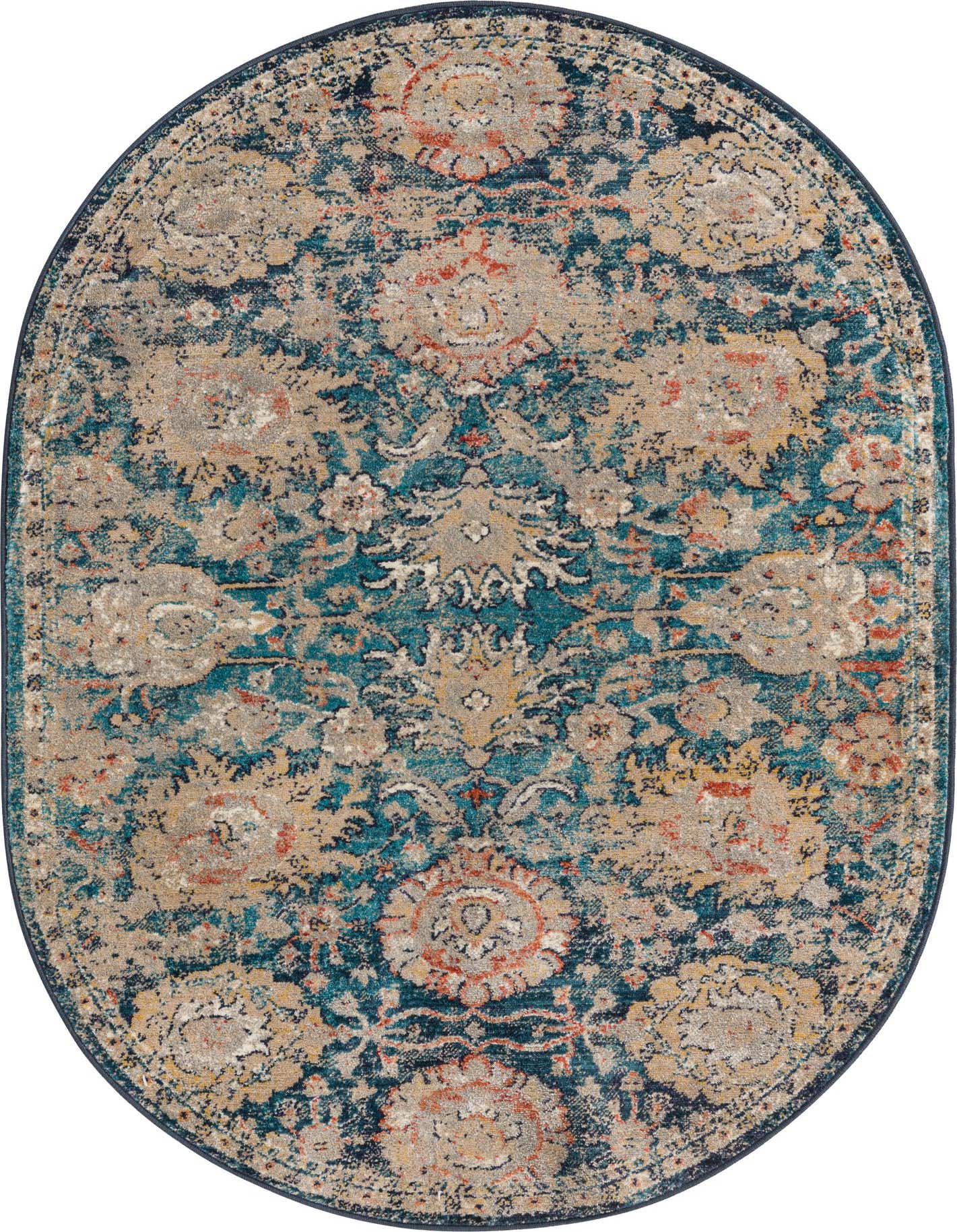 An oval 4'x6' Lola Collection rug featuring a distressed traditional floral pattern in shades of blue, beige, and orange.