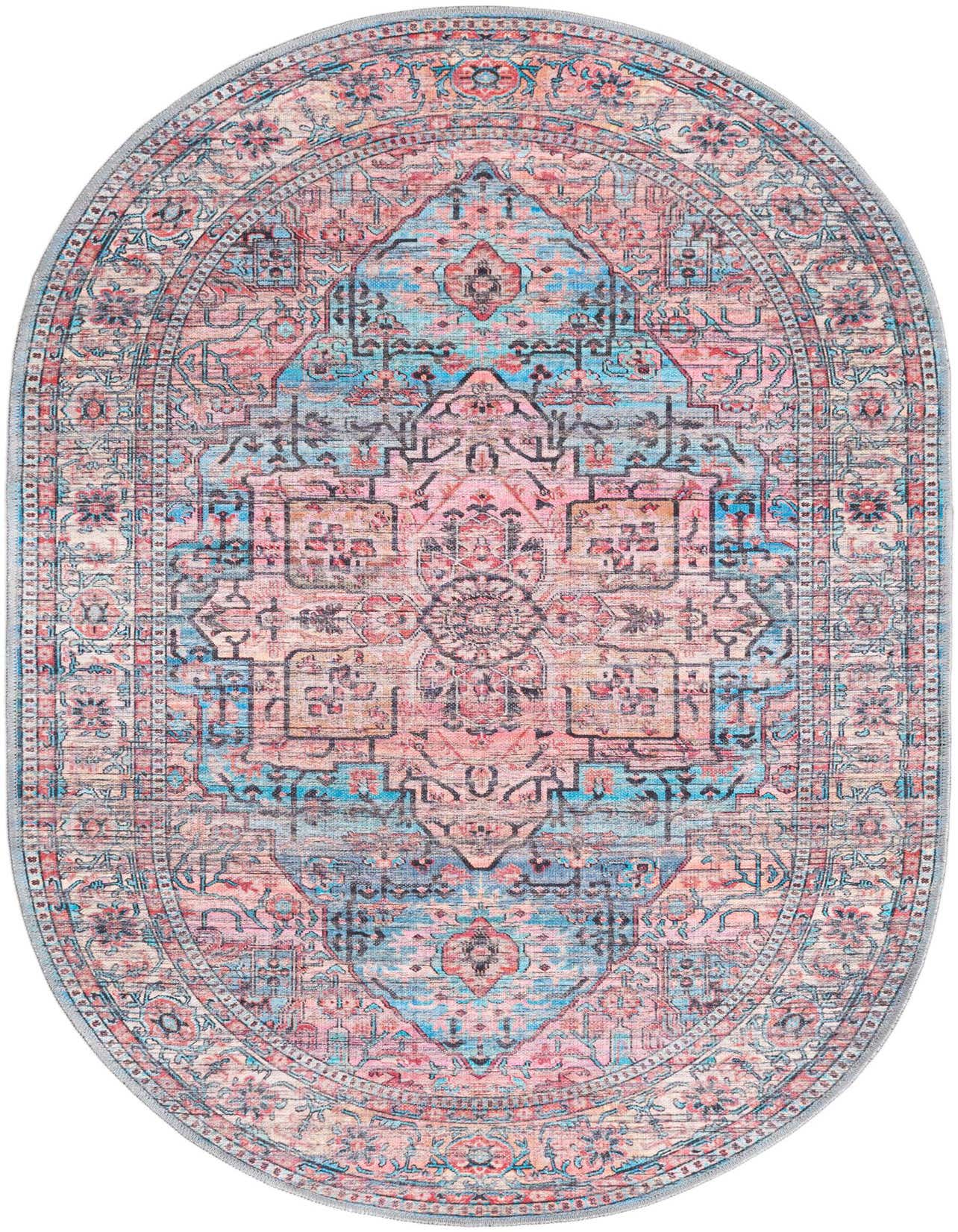 An oval 4'x6' Maahru rug by Rugs.com featuring a distressed traditional medallion pattern in shades of blue, pink, and red.
