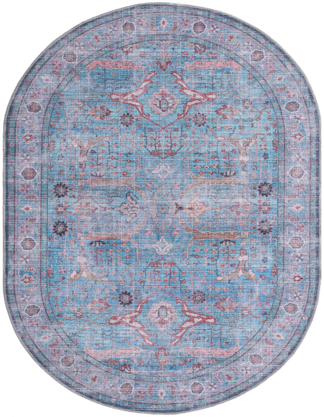 A 5'3" x 8'0" oval Maahru rug from Rugs.com, featuring a faded blue and pink traditional medallion pattern with tribal and vintage influences.