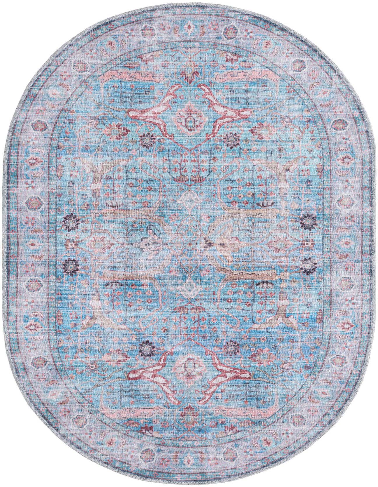 A 4'x6' oval blue rug with a distressed traditional medallion and tribal pattern in shades of blue, pink, and red.