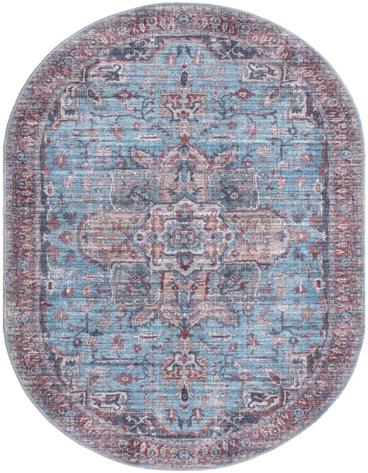 An oval 5'3" x 8'0" blue and red traditional medallion rug with a vintage, distressed look.
