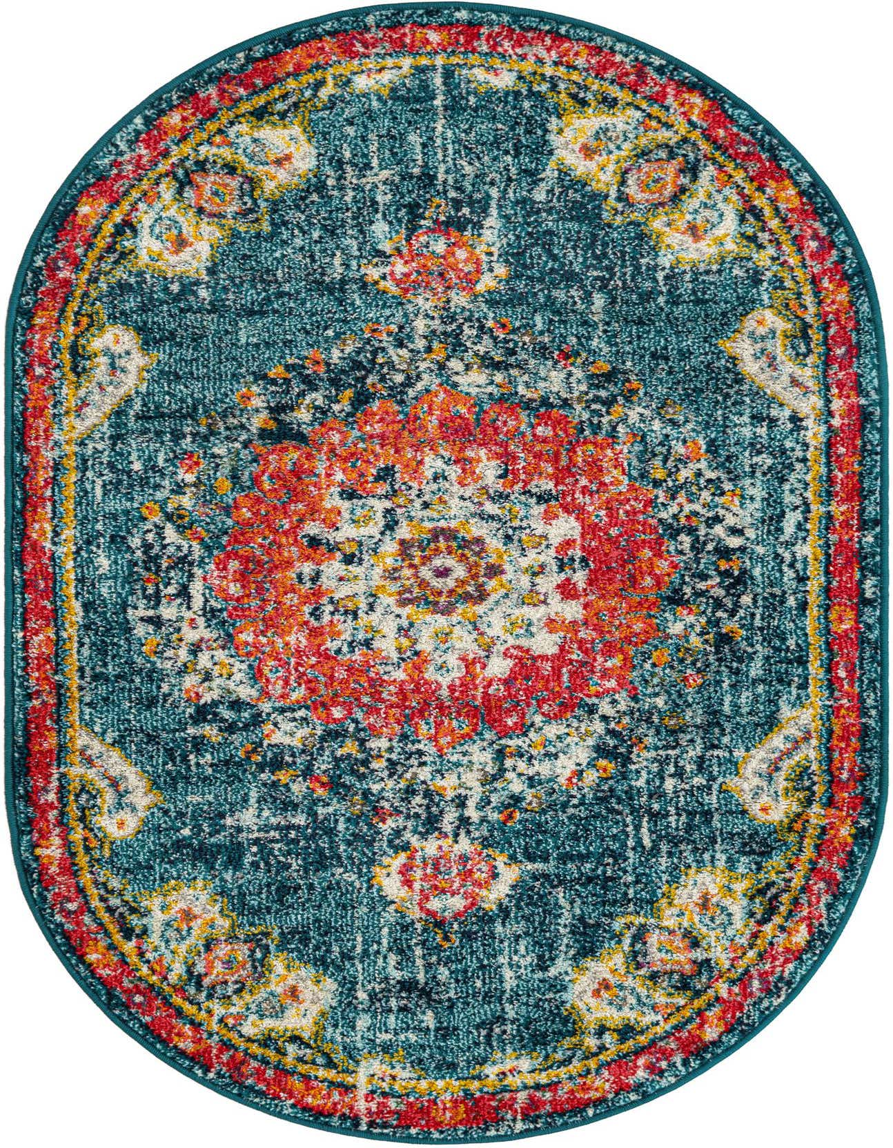 A 3' 0 x 5' 3 oval blue rug with a distressed traditional medallion pattern in red, orange, and yellow.