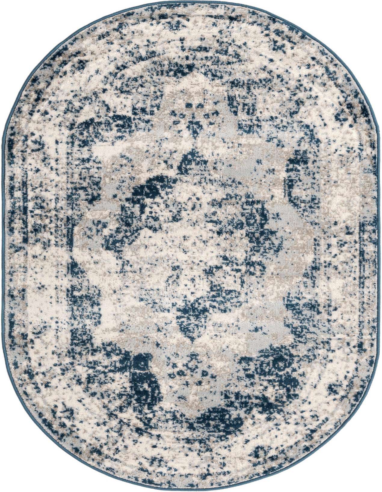 An oval 3' x 5' blue and off-white Bohemian rug with a distressed medallion pattern, perfect for an indoor living space.