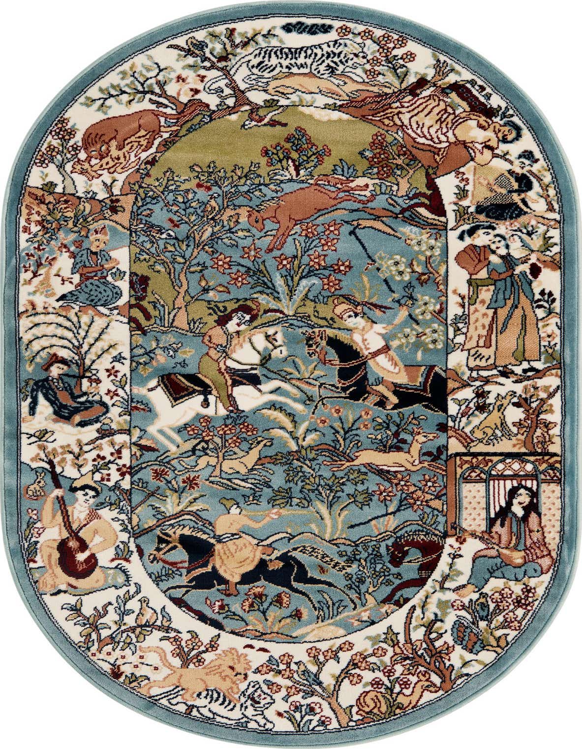 An oval blue traditional rug with a detailed Persian-style hunting scene and floral border, featuring horses, deer, and figures.
