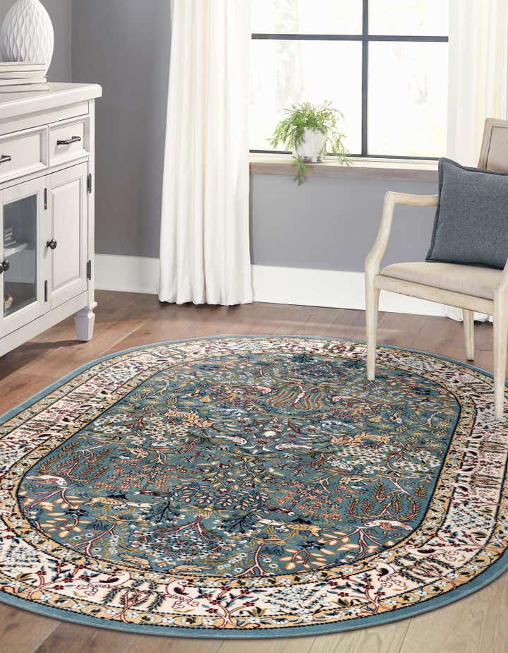Blue 4' x 6' Nain Design Oval Rug | Rugs.com