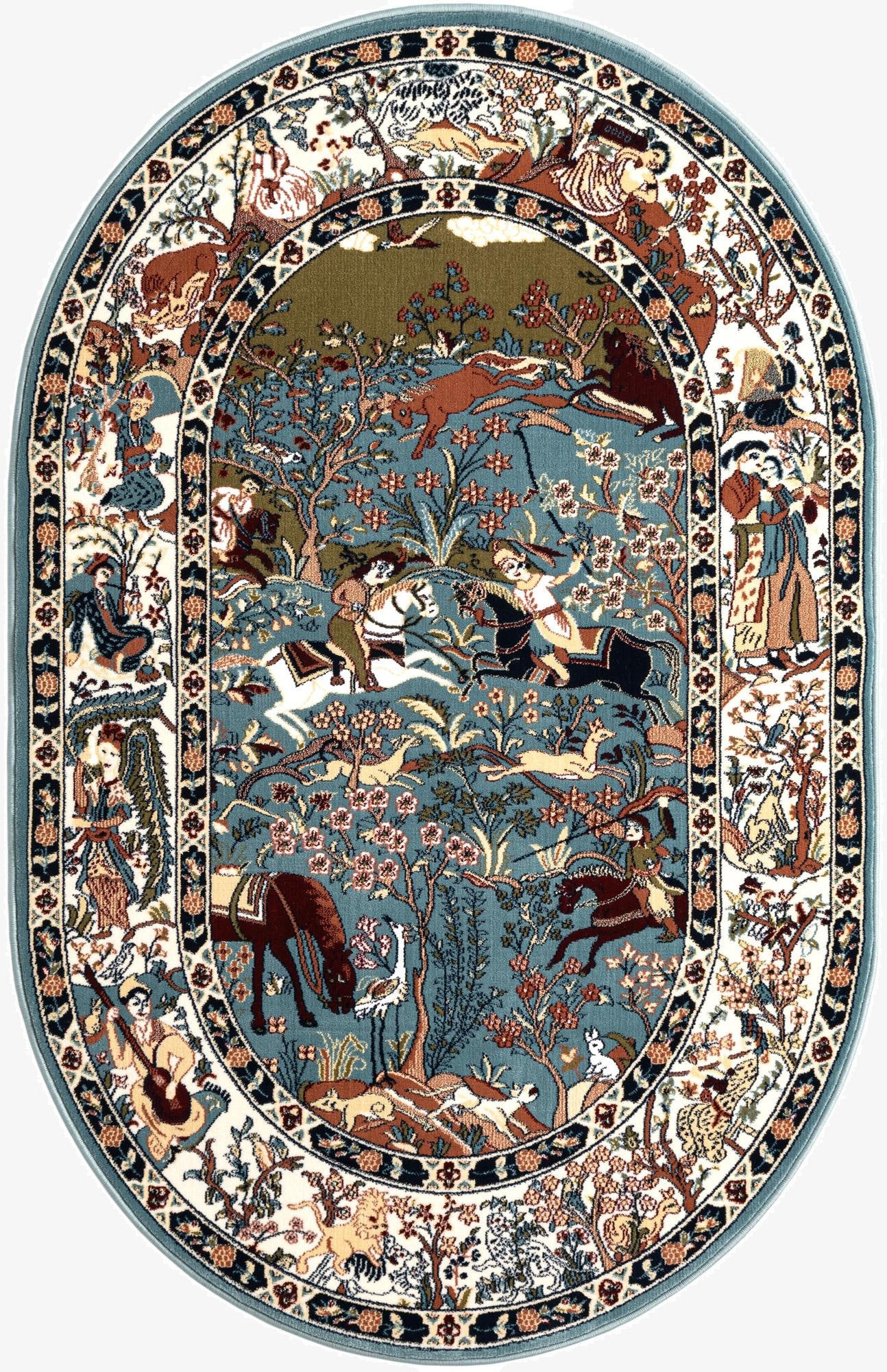 An oval blue rug featuring a detailed Persian-style hunting scene with horsemen, animals, and trees, bordered by intricate floral and figural patterns.