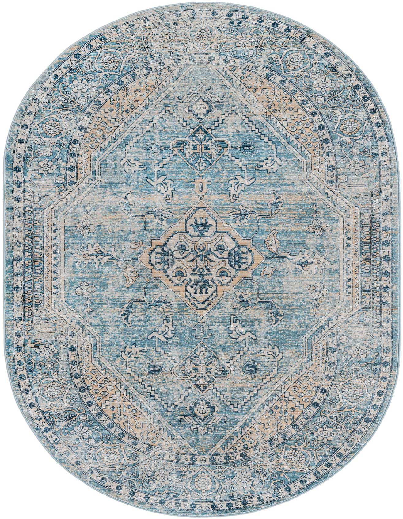An oval 5'3" x 8'0" Newport Collection rug by Rugs.com, featuring a distressed traditional medallion and tribal pattern in varying shades of blue and beige.