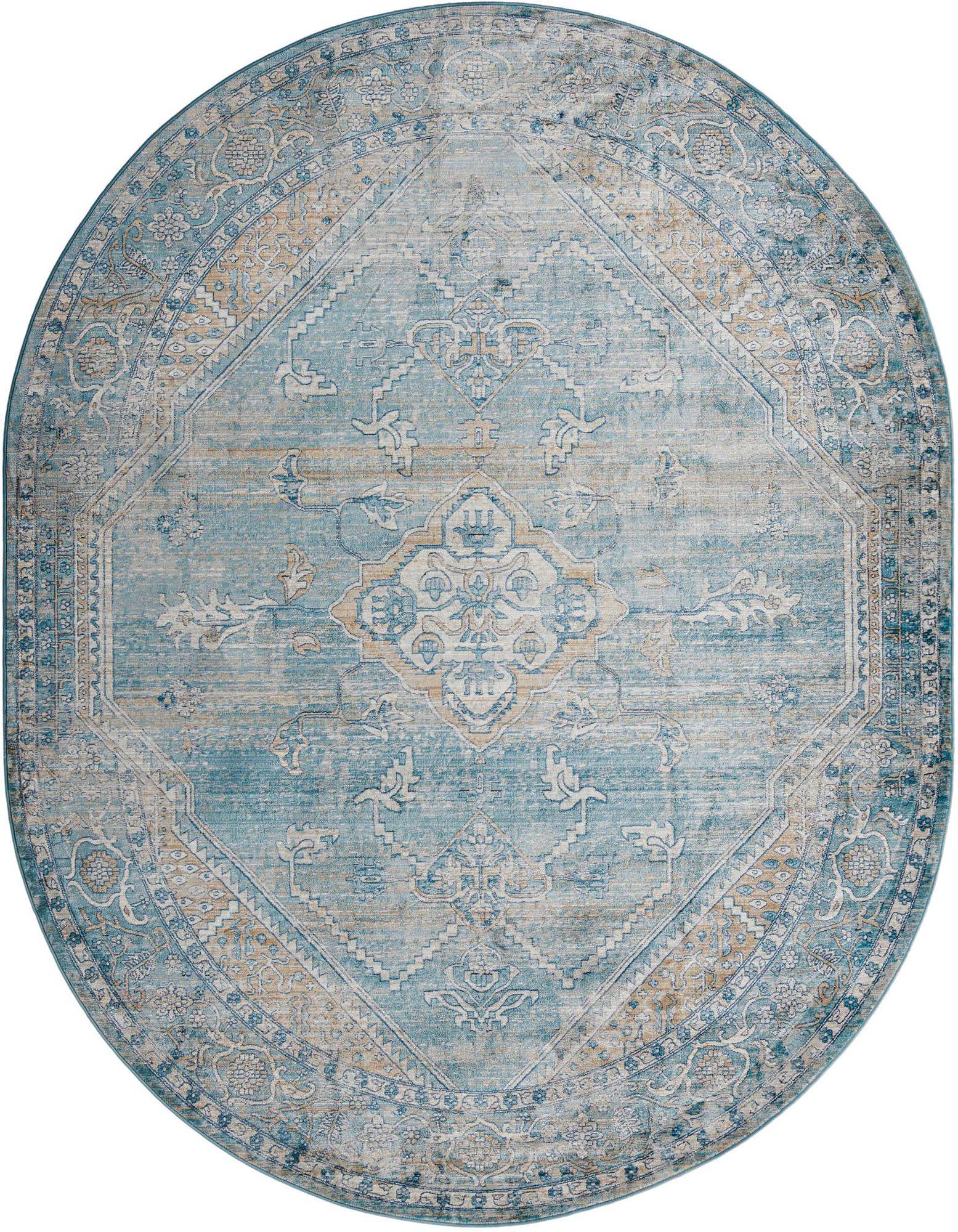 An oval 7'10" x 10'2" blue and beige traditional medallion rug with a vintage, distressed look.