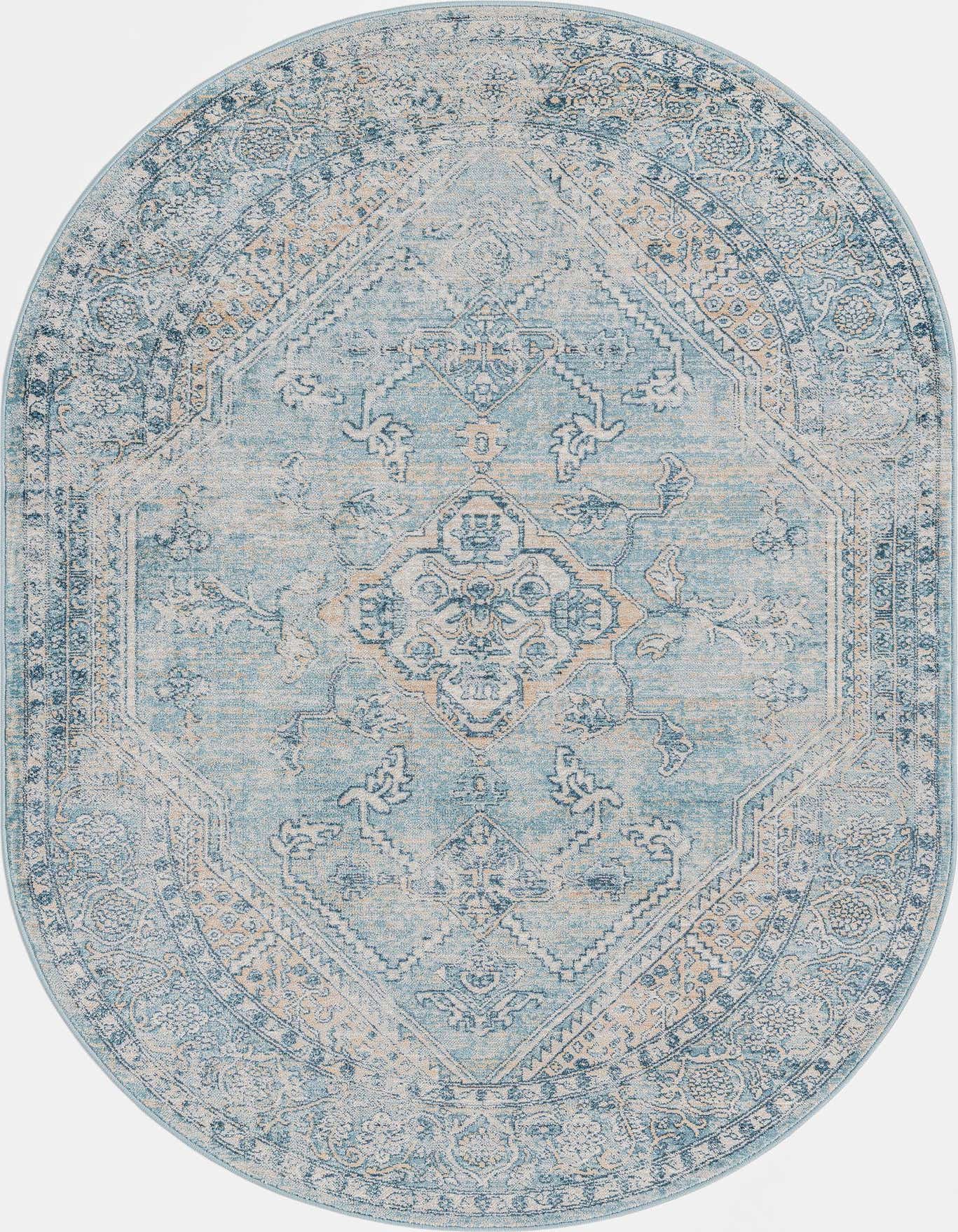 An oval 3' 3 x 5' 3 blue oriental rug with a distressed medallion pattern and tribal motifs.