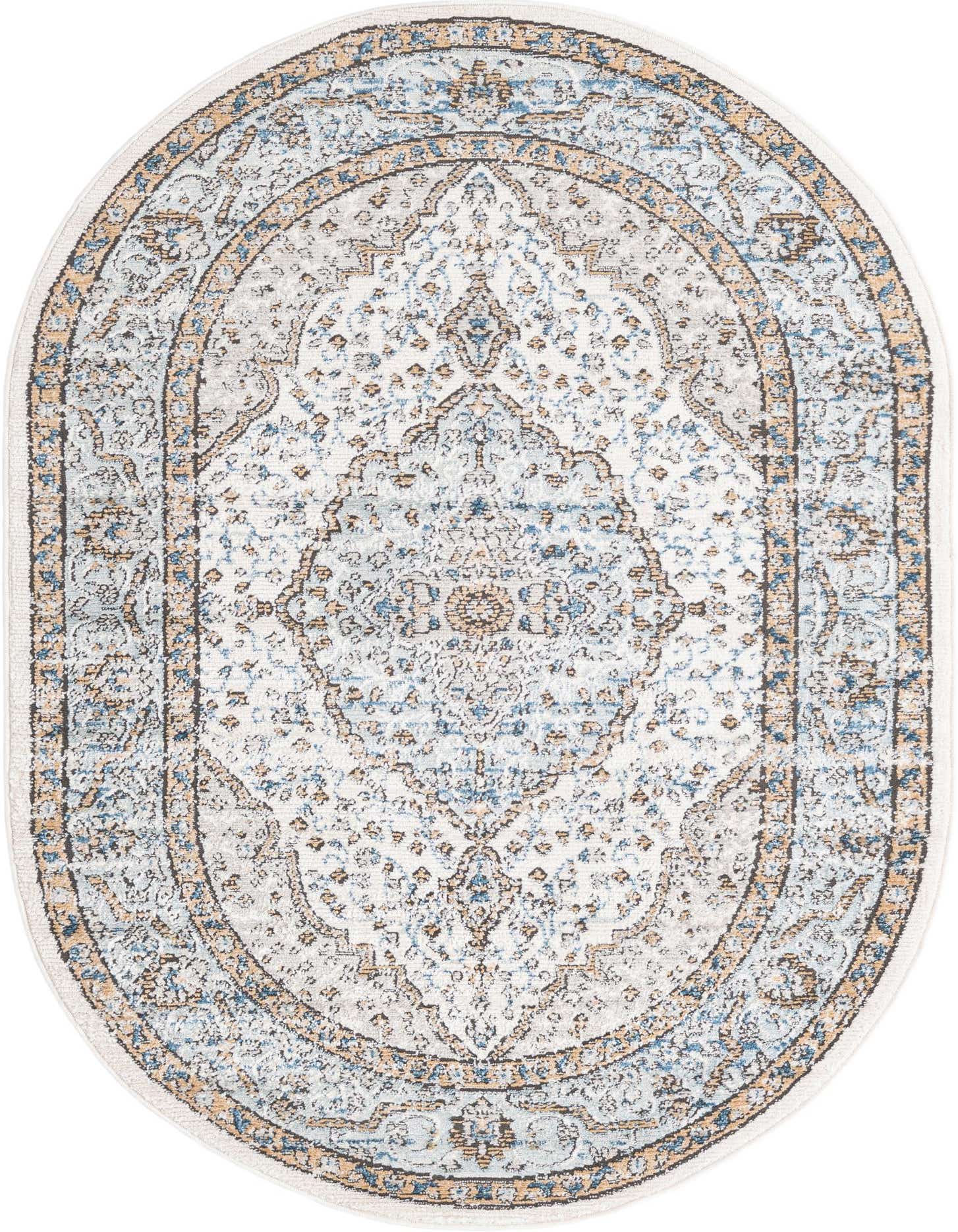An oval 4' x 6' Nyla rug with a distressed traditional medallion pattern in shades of blue, cream, and gold.