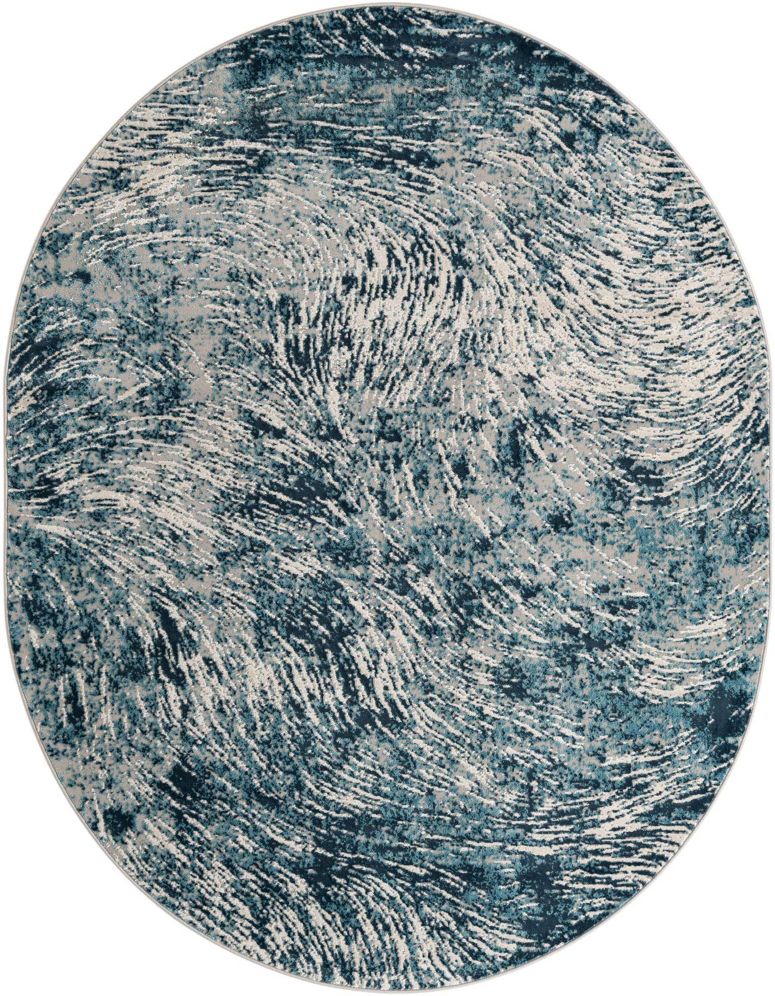 An 8' x 10' oval blue and grey modern coastal rug with a textured, abstract wave pattern, suitable for indoor spaces.