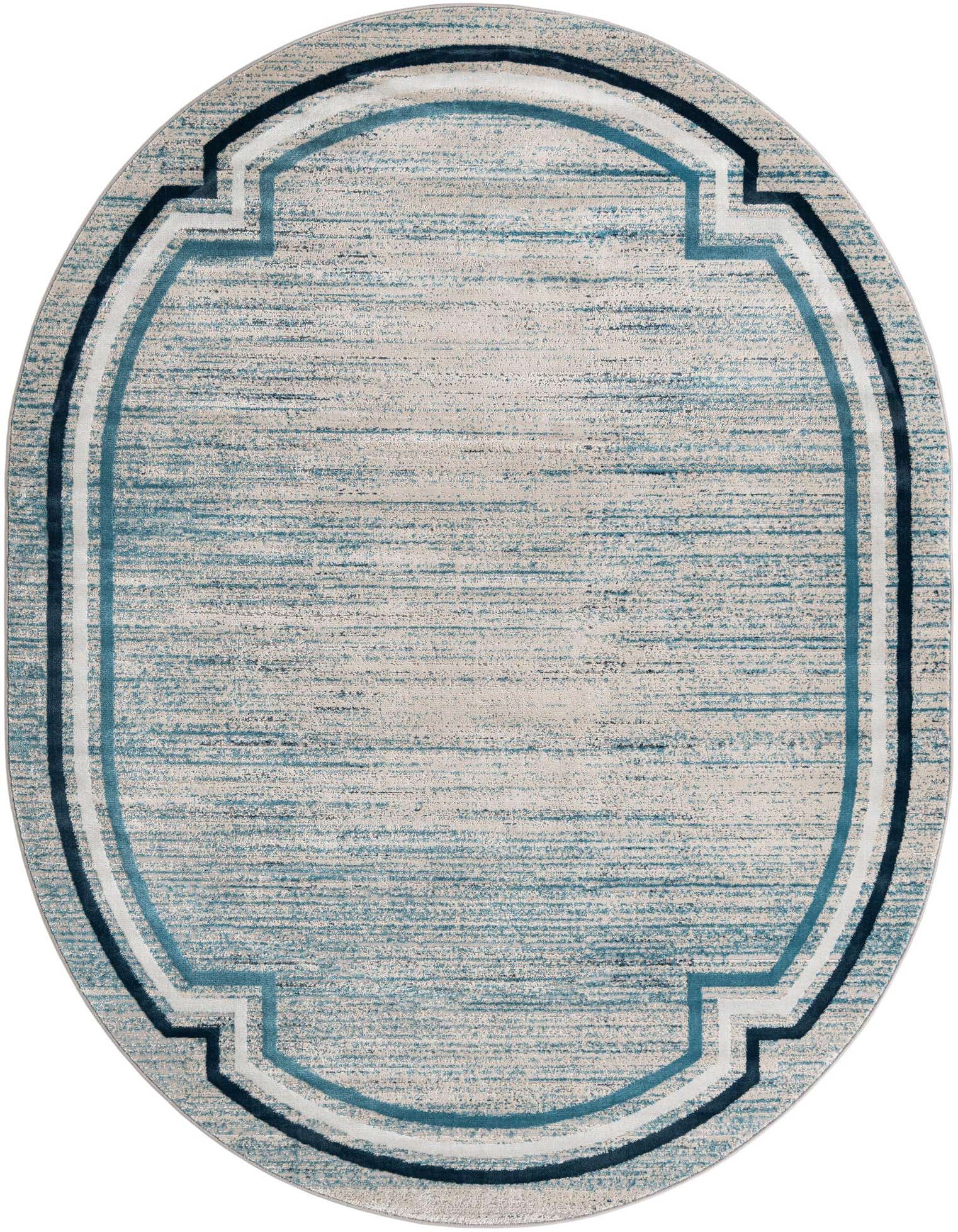 An 8' x 10' oval rug in varying shades of blue and off-white with a textured, abstract pattern and a bold, geometric border.