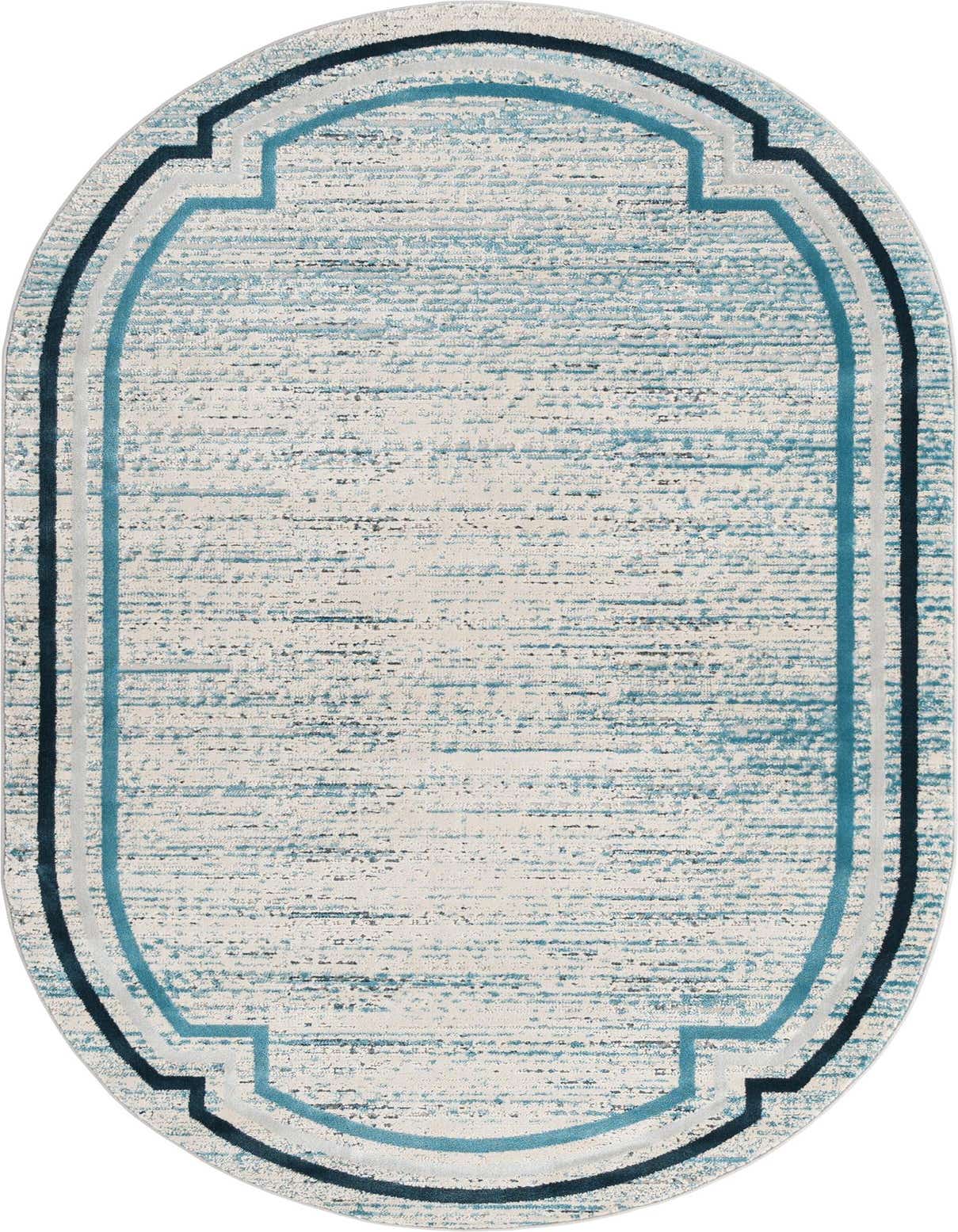 An oval 5' 0 x 8' 0 Oasis rug with a distressed blue and off-white abstract pattern and a layered blue border.