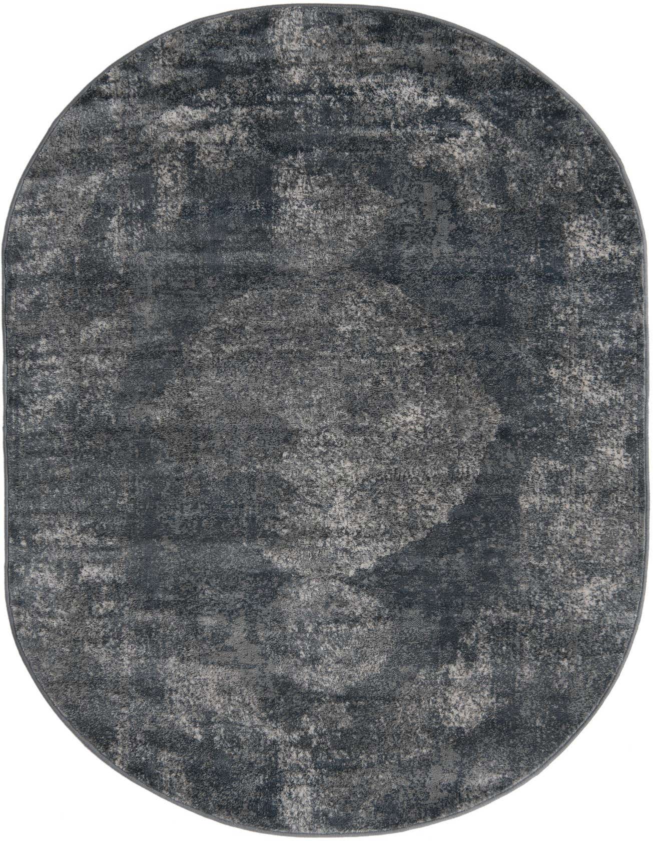 An oval 5'3" x 8'0" Oregon Collection rug by Rugs.com, featuring a distressed blue and grey medallion pattern.