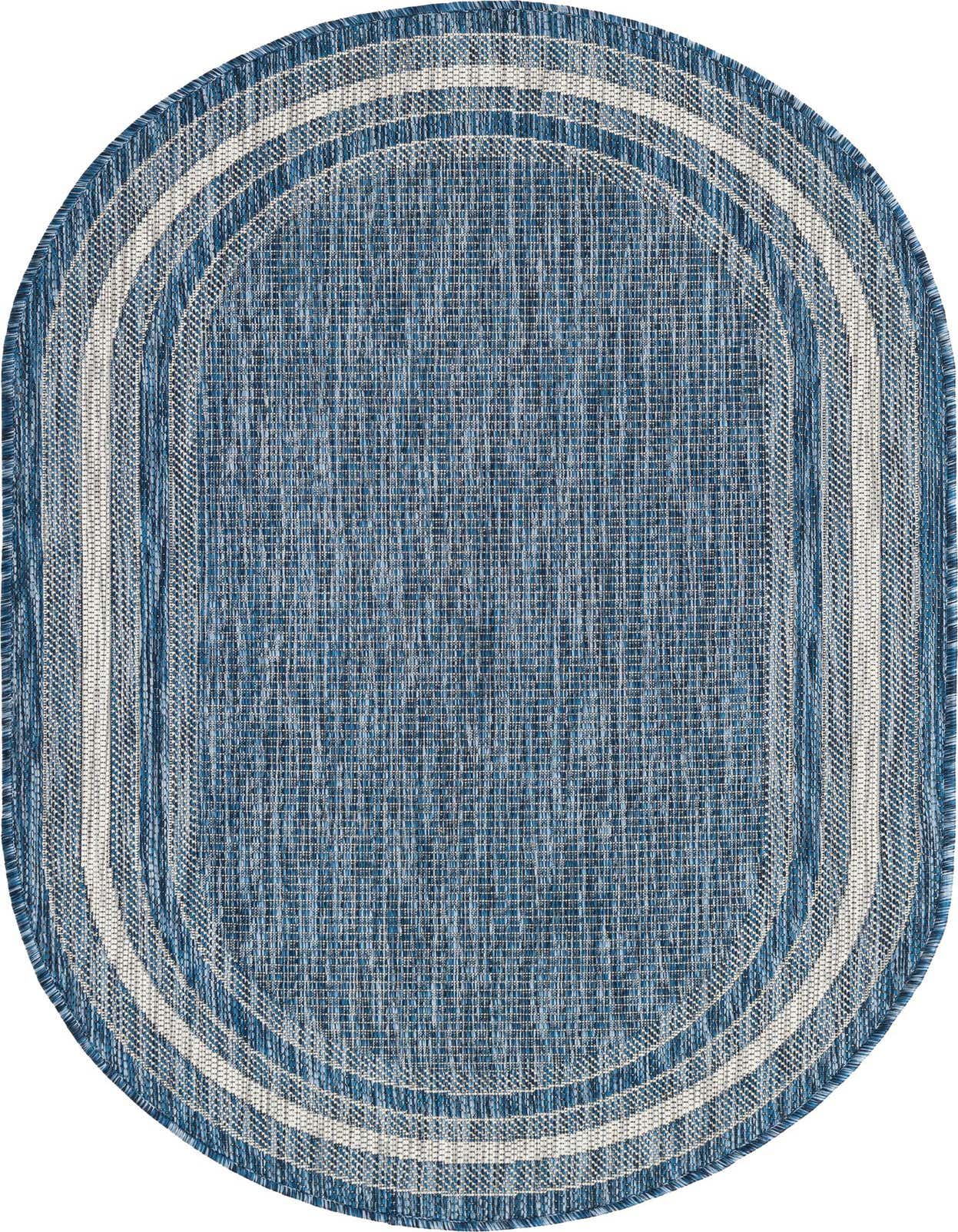 A 3' 0 x 5' 3 oval blue indoor/outdoor rug with a modern solid pattern and light blue and white striped border.