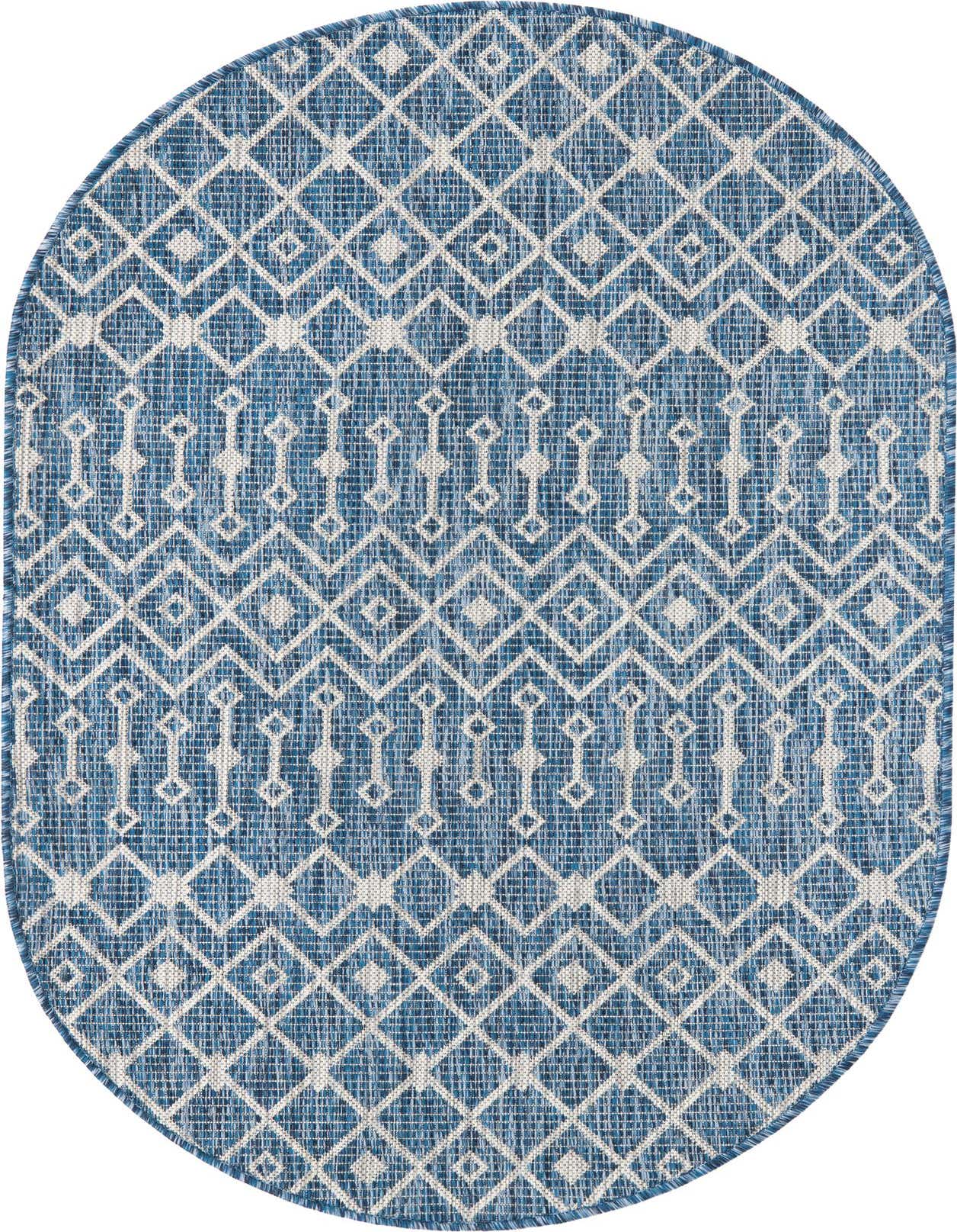 An oval 3' 0 x 5' 3 blue and white flatweave rug with a geometric tribal pattern, suitable for indoor or outdoor use.
