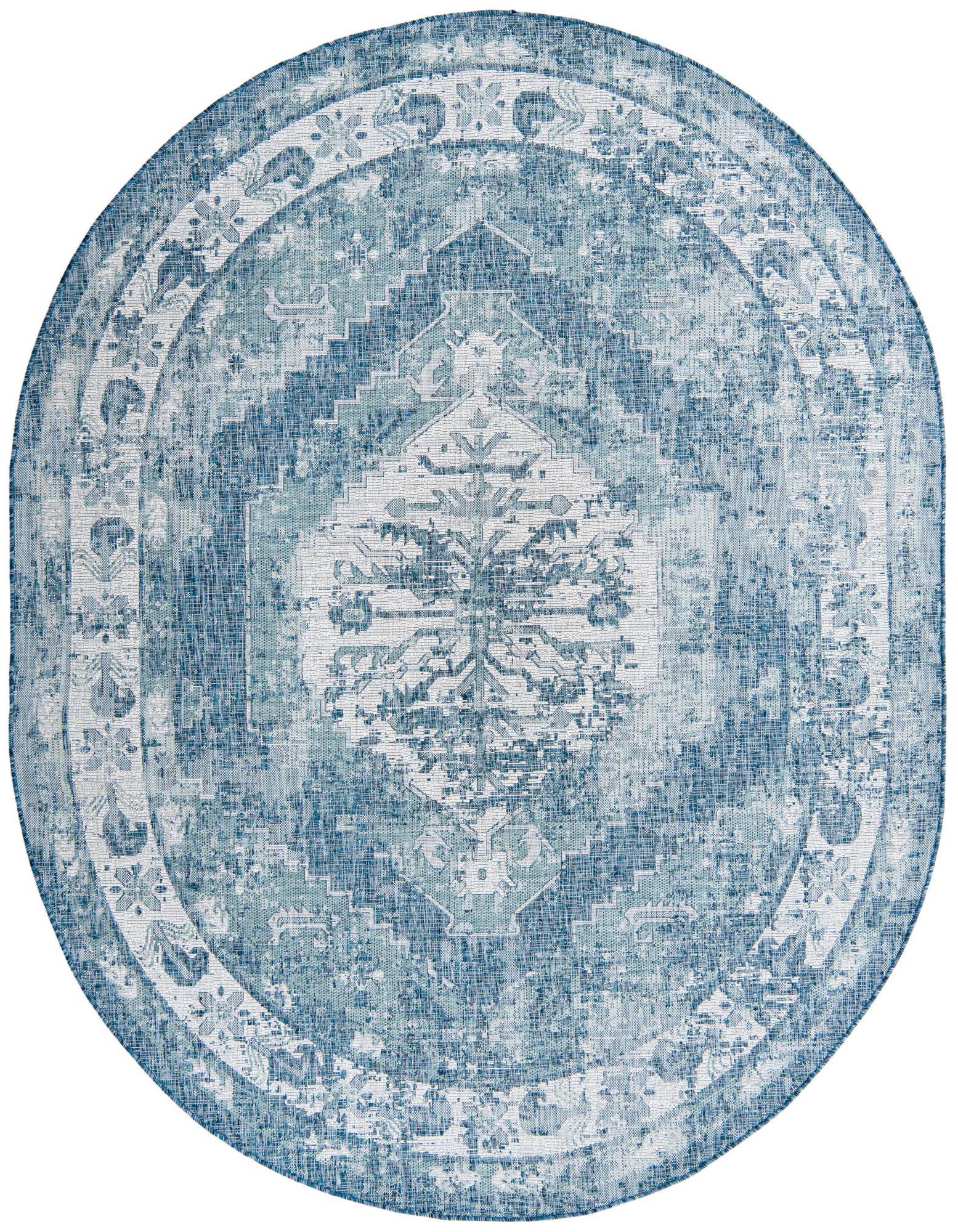 A 7' 10 x 10' 0 oval blue Southwestern rug with a distressed traditional pattern, suitable for indoor or outdoor use.