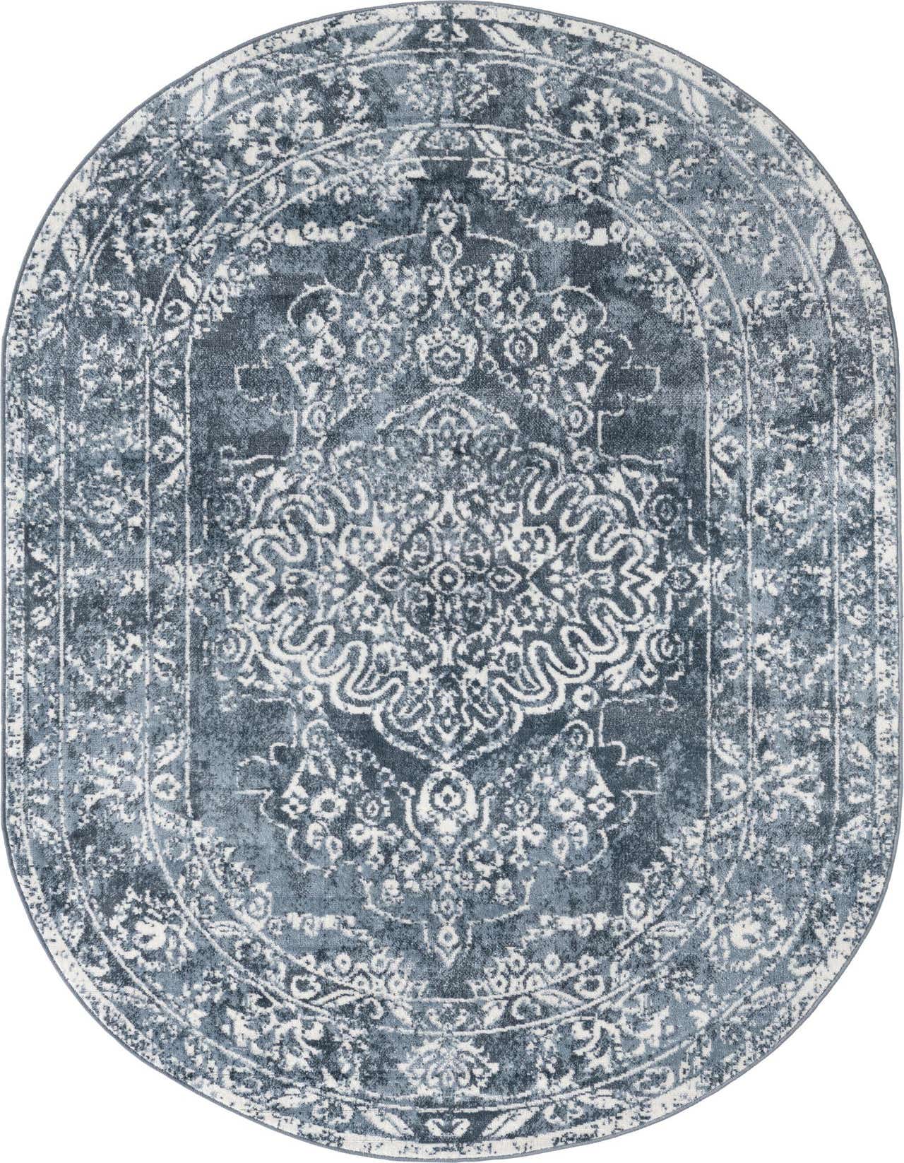 An oval 5' 3 x 8' 0 blue rug with a distressed traditional medallion pattern in white and light blue.