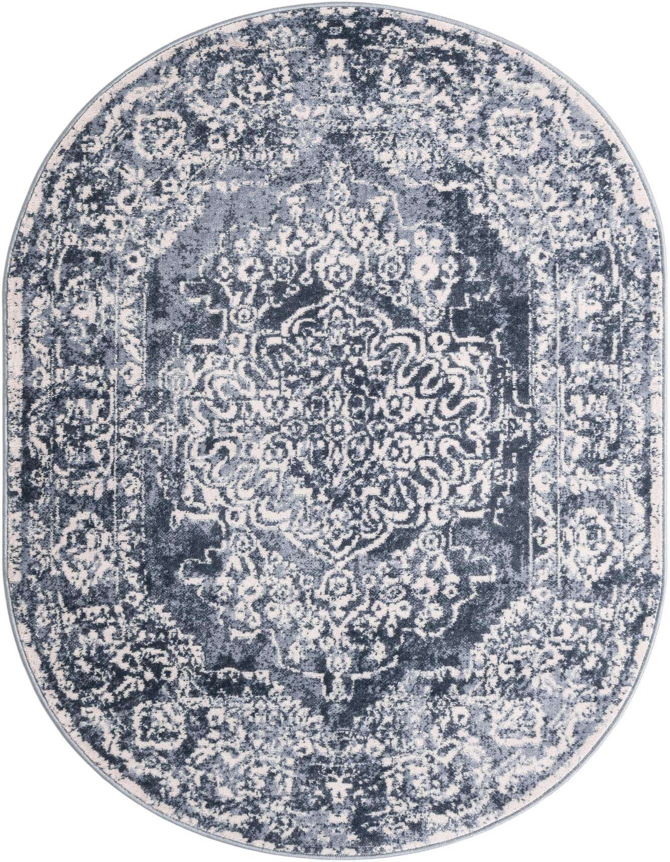 An oval 4'x6' Rugs.com Oxford rug featuring a distressed blue traditional medallion pattern on a light background.