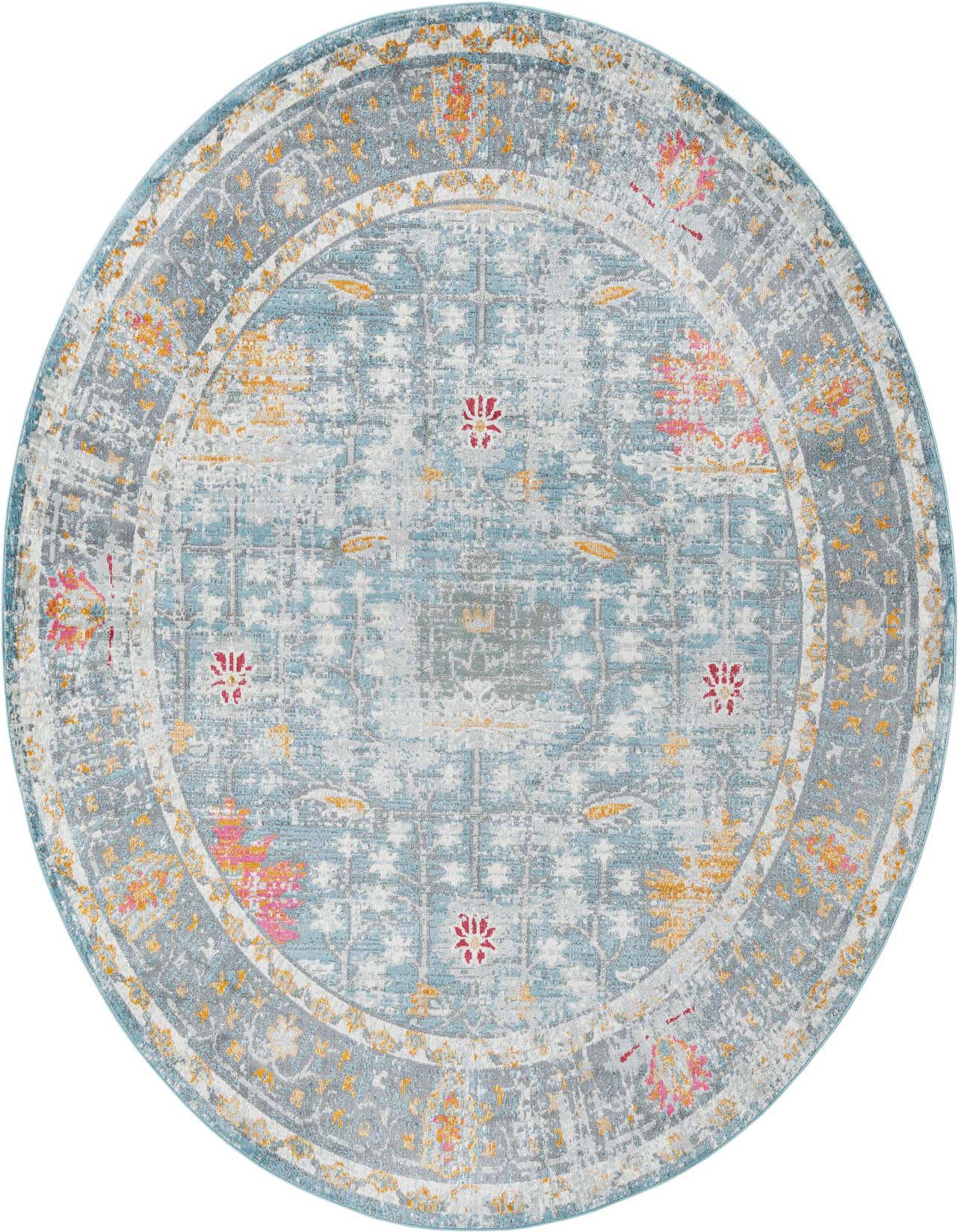 An oval blue, grey, and orange traditional rug with a distressed vintage floral pattern, suitable for an indoor living space.