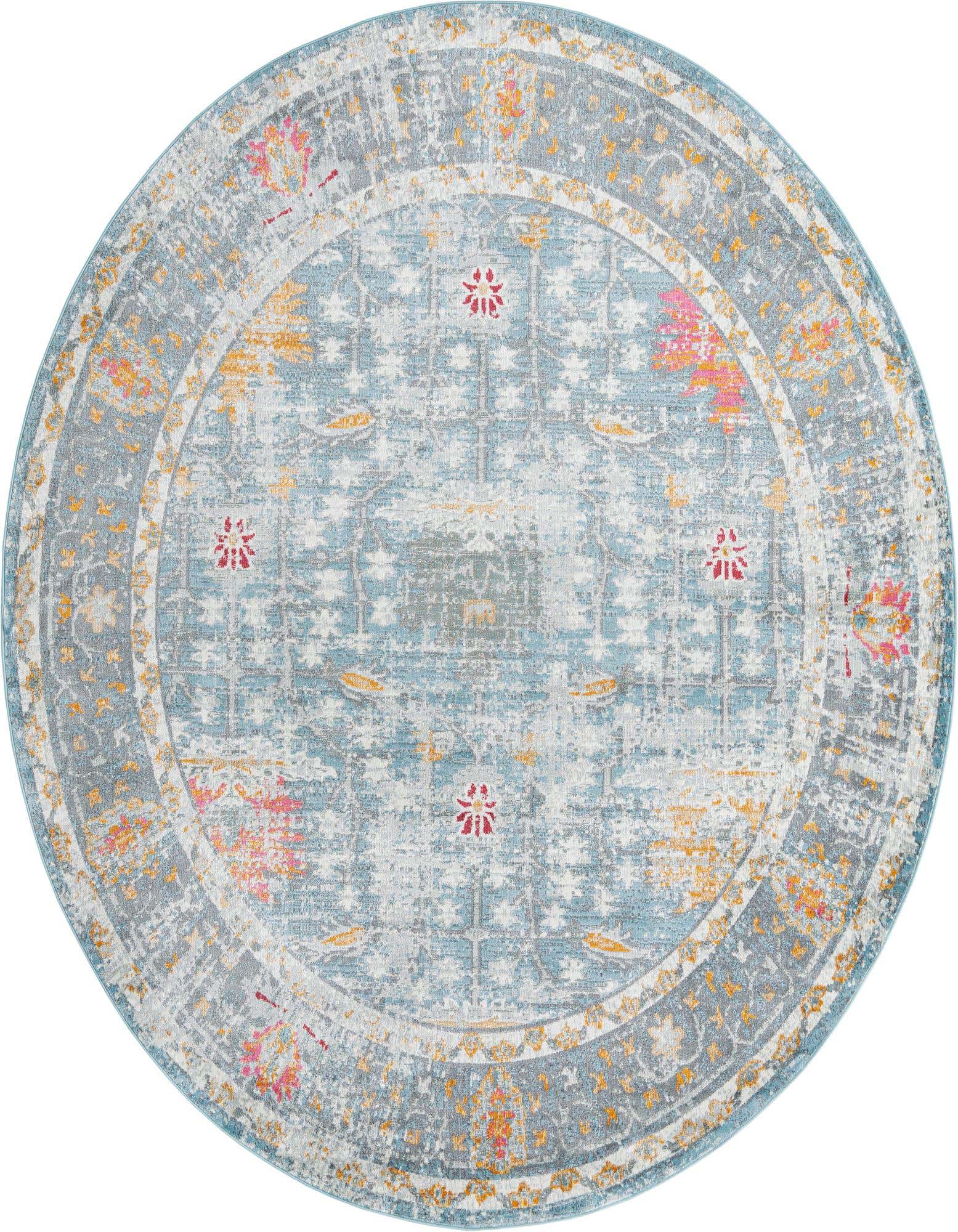 An 8' 2 x 10' 0 oval blue rug with a distressed traditional floral pattern in shades of blue, gray, orange, and pink.